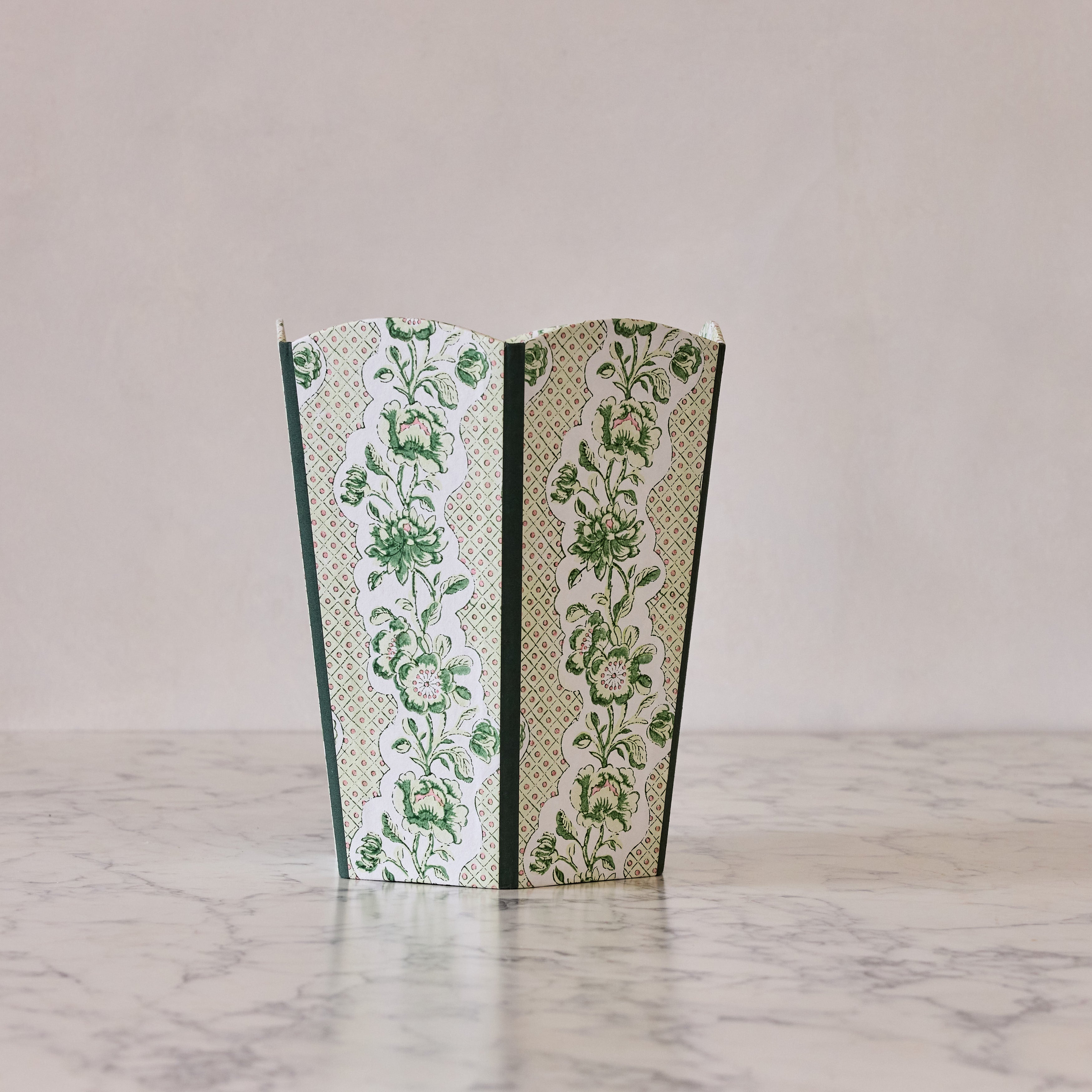 Block-Printed Scalloped Collapsible Waste Basket, Green Trellis