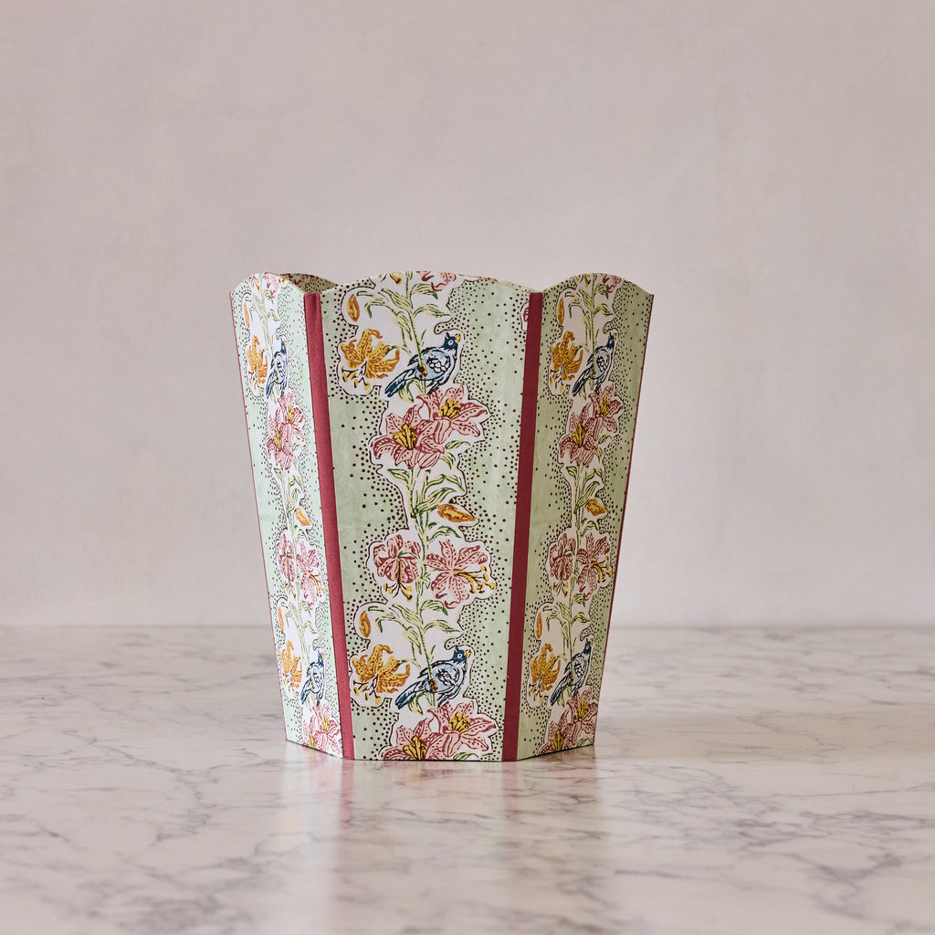Block-Printed Scalloped Collapsible Waste Basket, Green & Pink