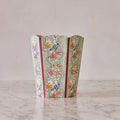 Block-Printed Scalloped Collapsible Waste Basket, Green & Pink