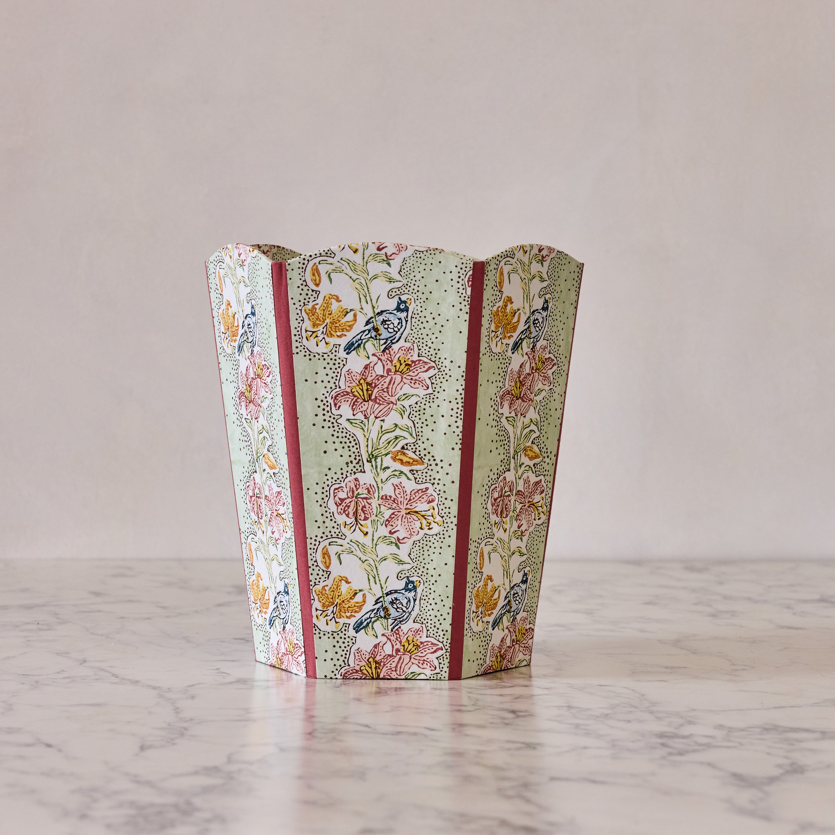 Block-Printed Scalloped Collapsible Waste Basket, Green & Pink