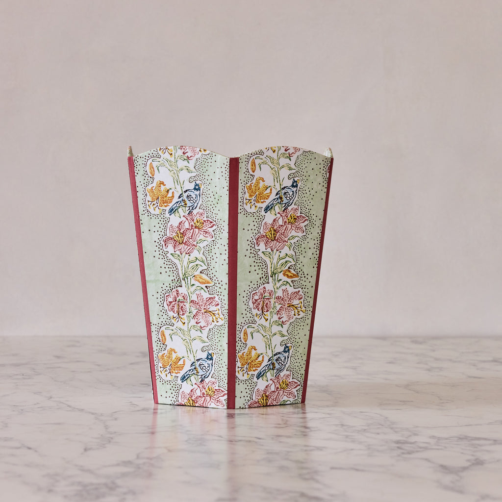 Block-Printed Scalloped Collapsible Waste Basket, Green & Pink
