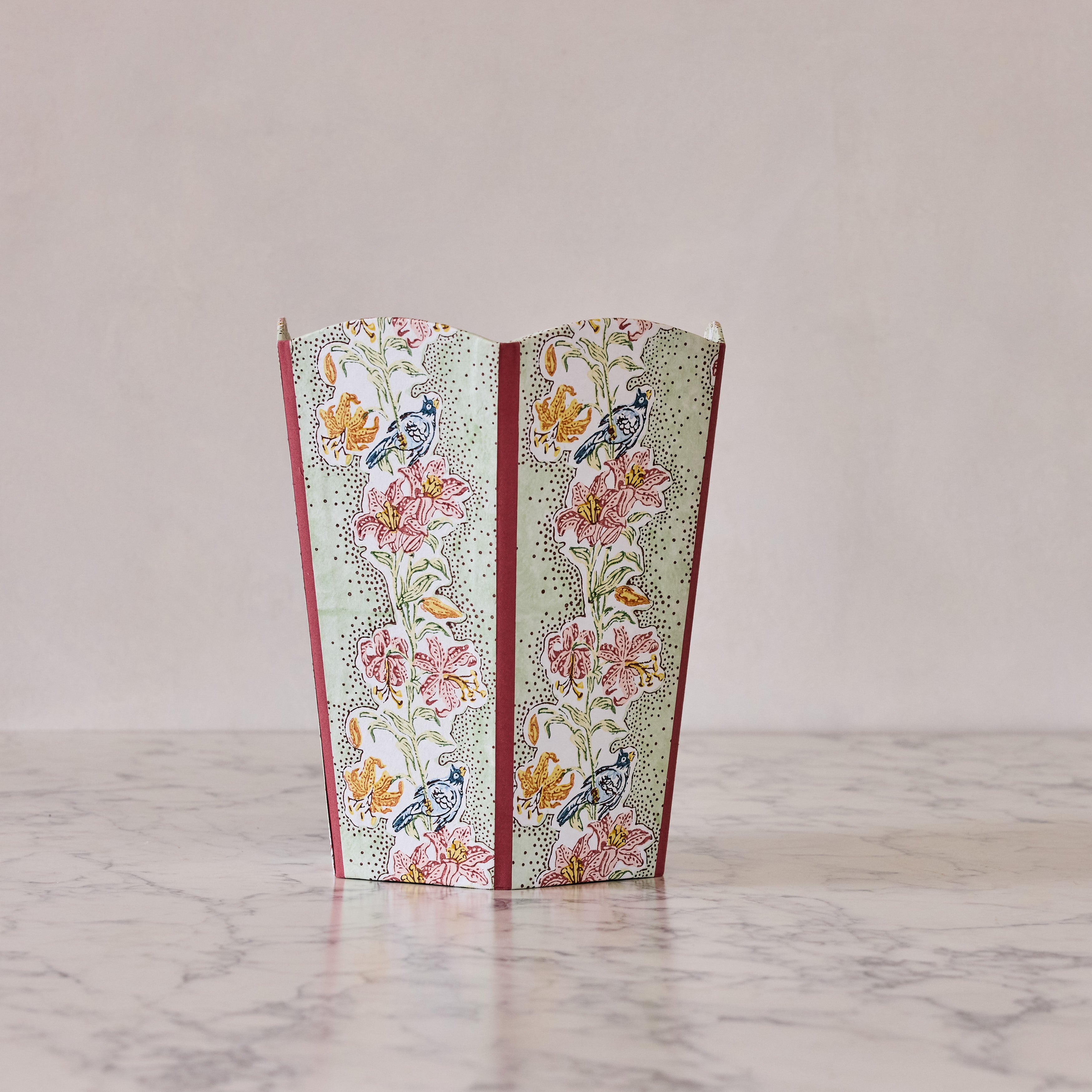 Block-Printed Scalloped Collapsible Waste Basket, Green & Pink