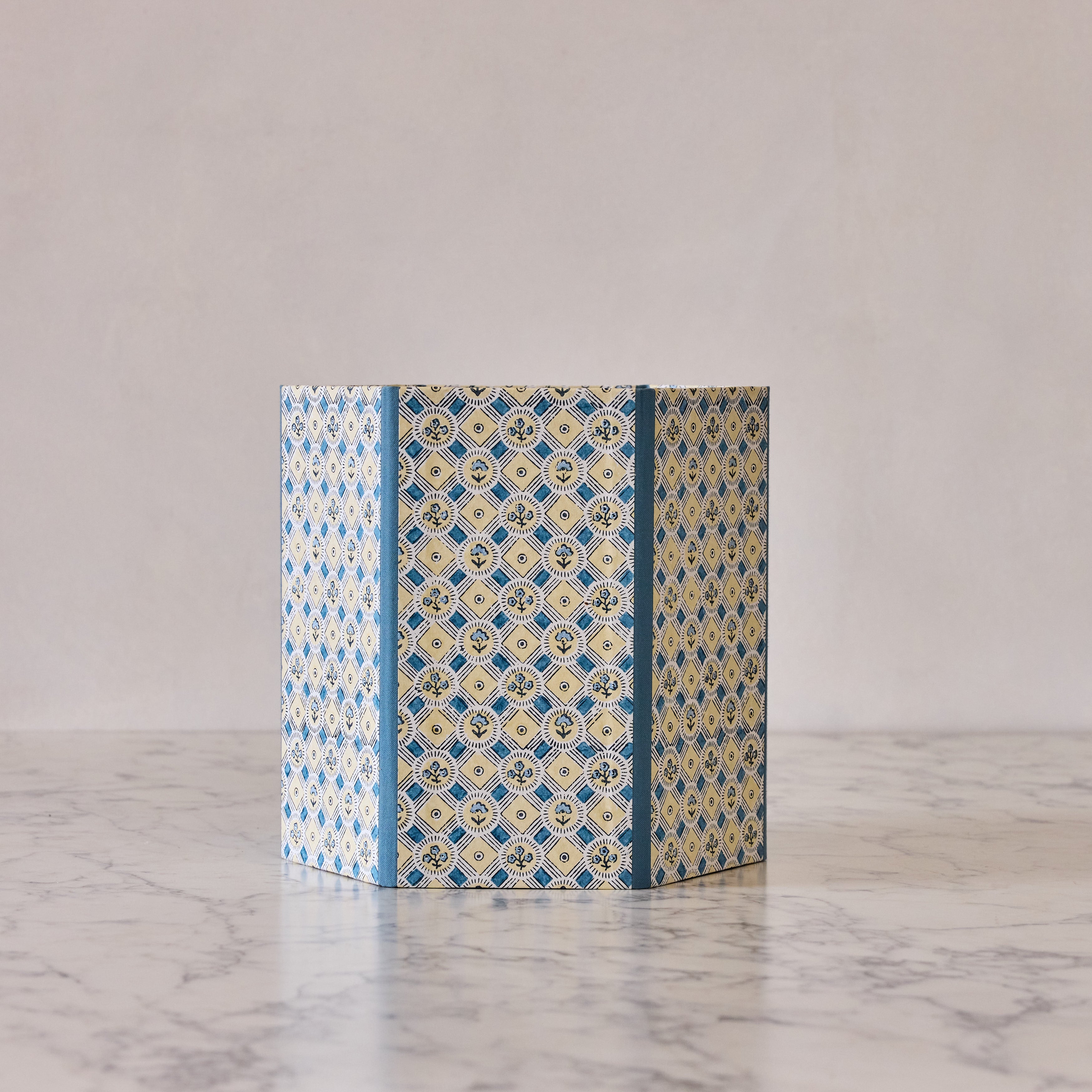 Block-Printed Hexagonal Collapsible Waste Basket, Spring Bloom Blue