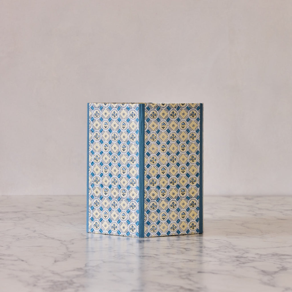 Block-Printed Hexagonal Collapsible Waste Basket, Spring Bloom Blue
