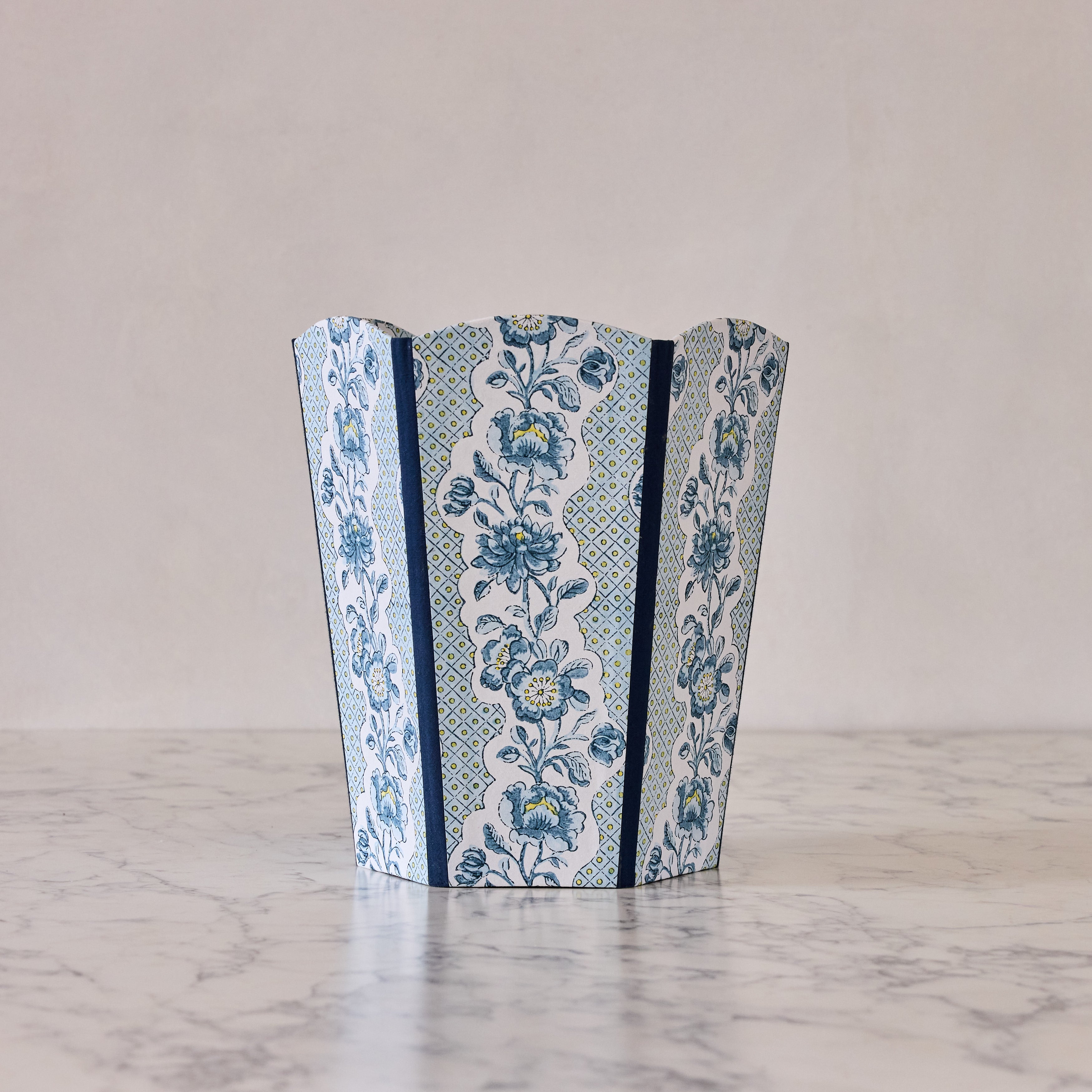 Block-Printed Scalloped Collapsible Waste Basket, Blue Trellis