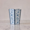 Block-Printed Scalloped Collapsible Waste Basket, Blue Trellis