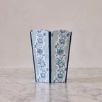 Block-Printed Scalloped Collapsible Waste Basket, Blue Trellis