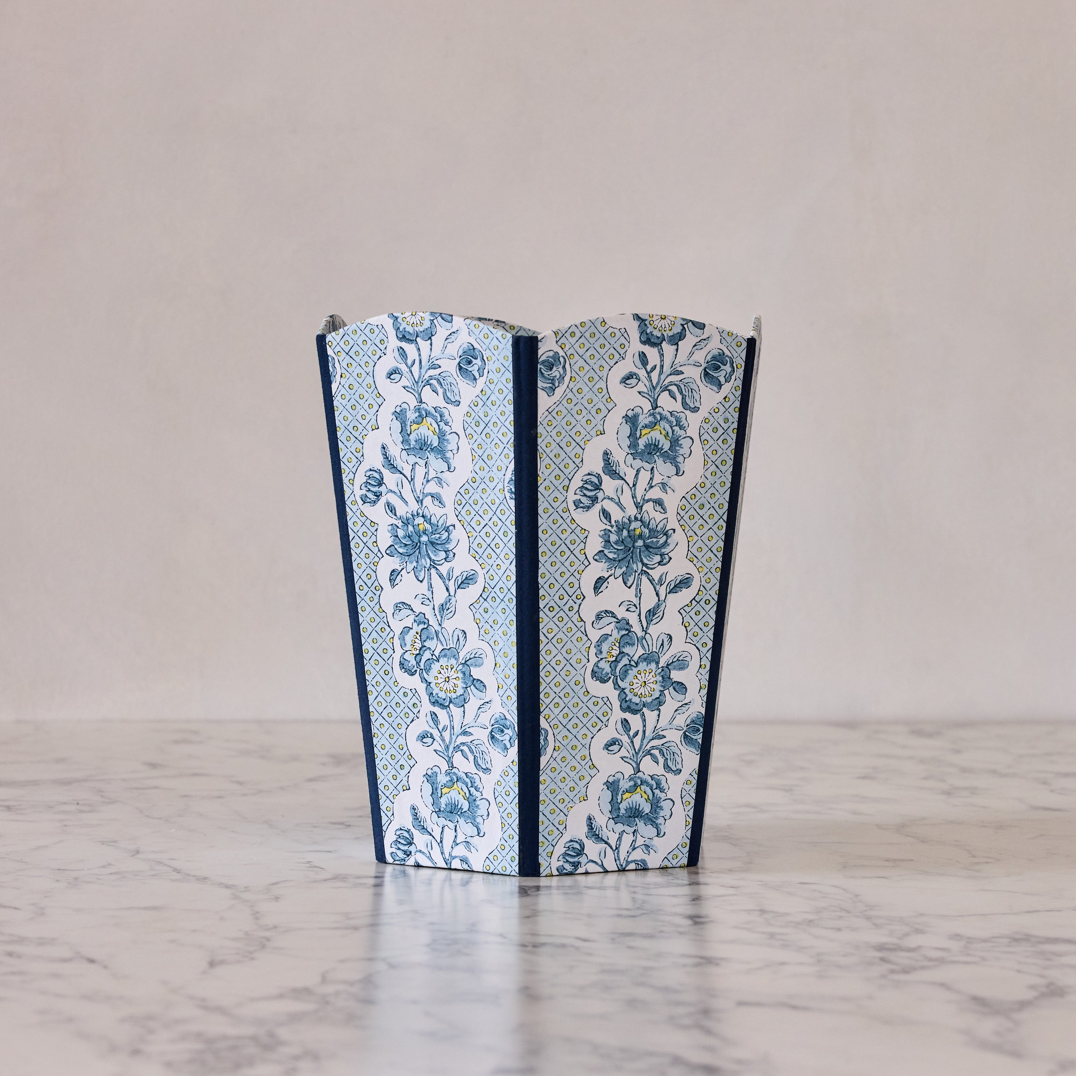 Block-Printed Scalloped Collapsible Waste Basket, Blue Trellis