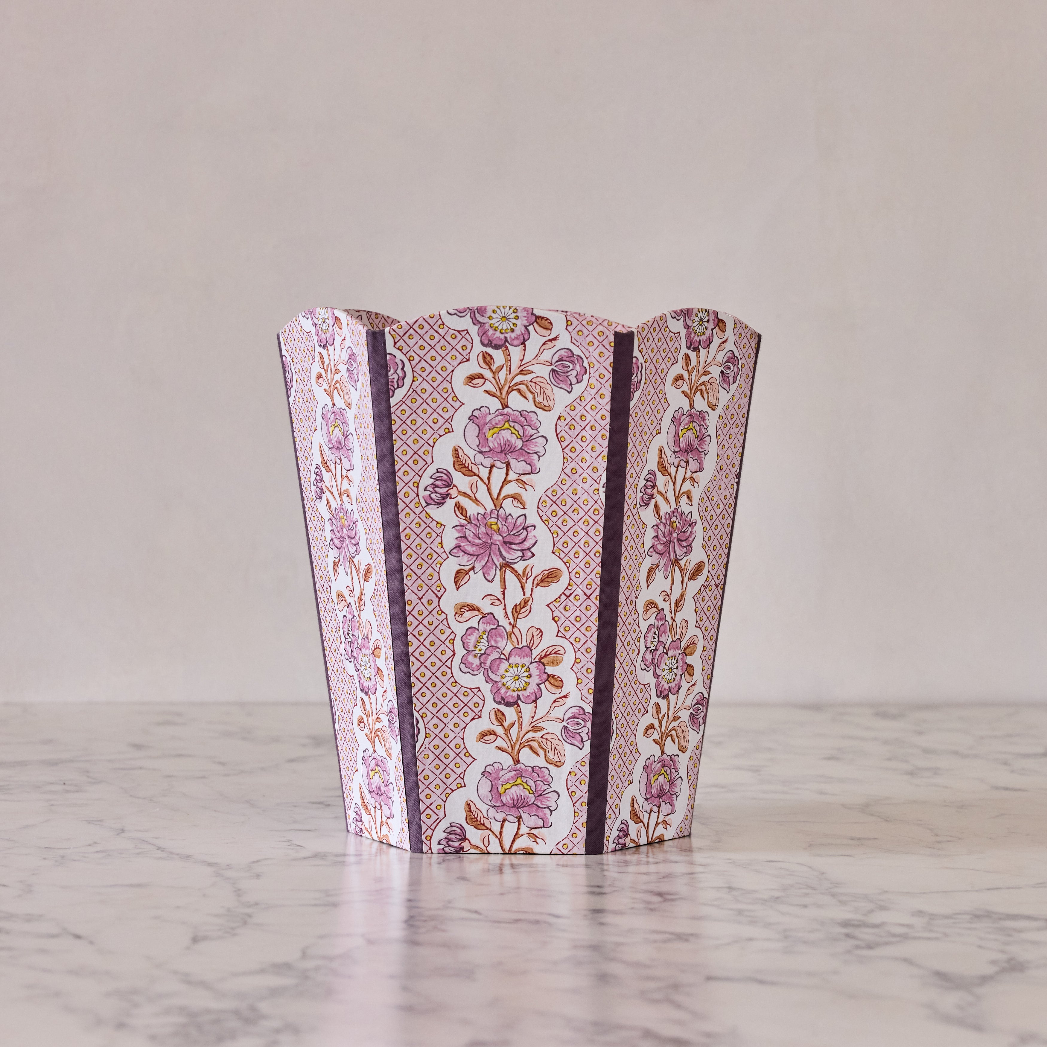 Block-Printed Scalloped Collapsible Waste Basket, Lilac Trellis