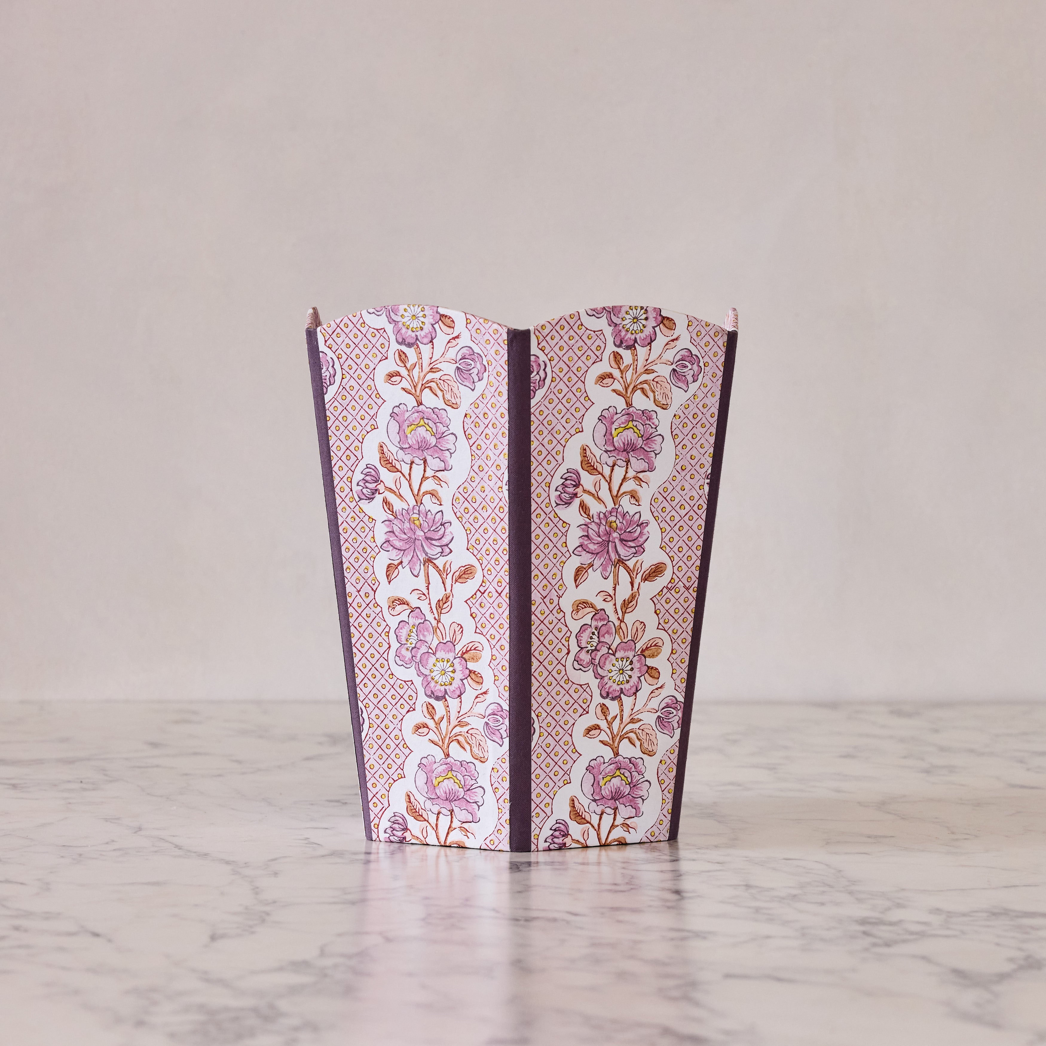 Block-Printed Scalloped Collapsible Waste Basket, Lilac Trellis