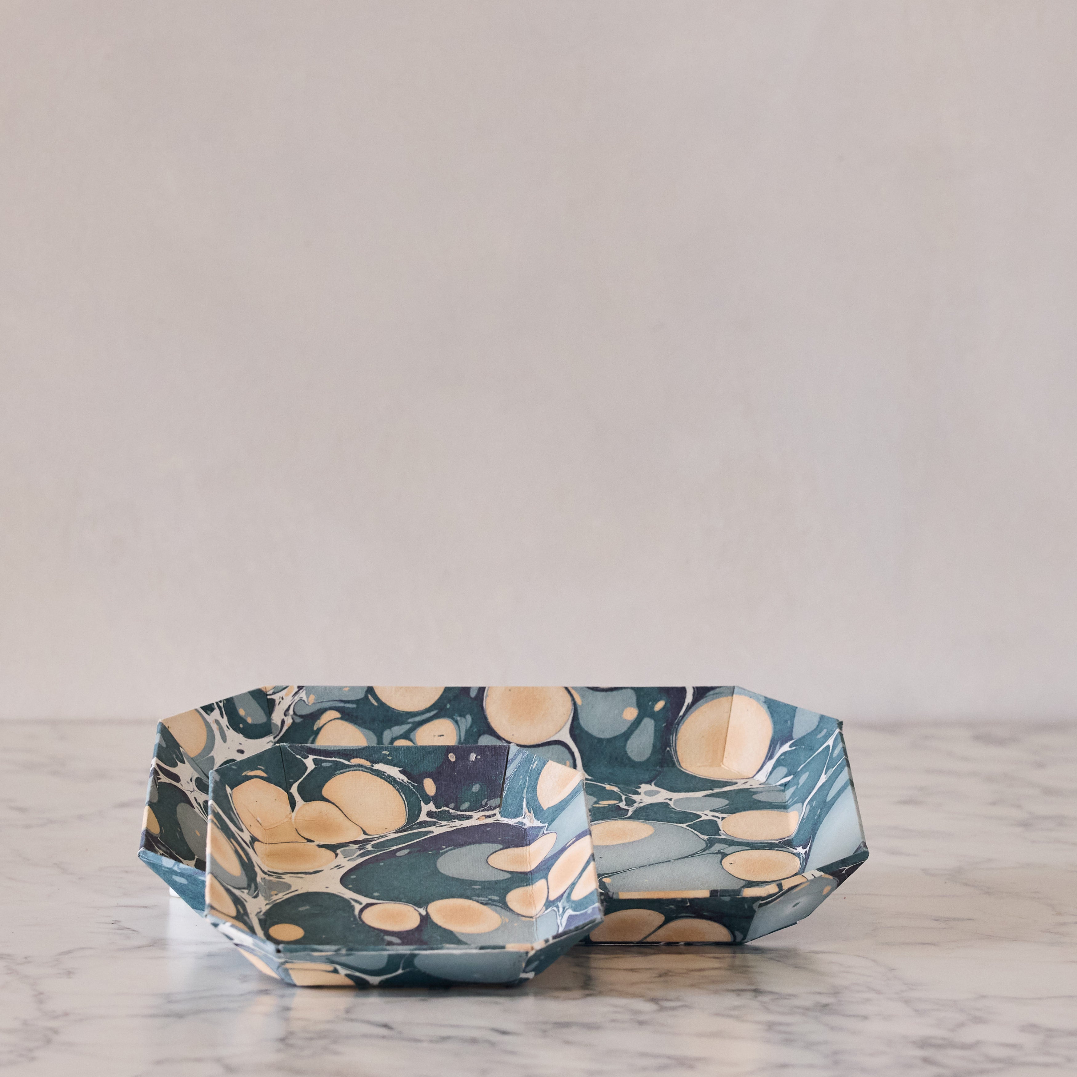 Marbled Octagonal Nesting Tray Set, Blue & Apricot