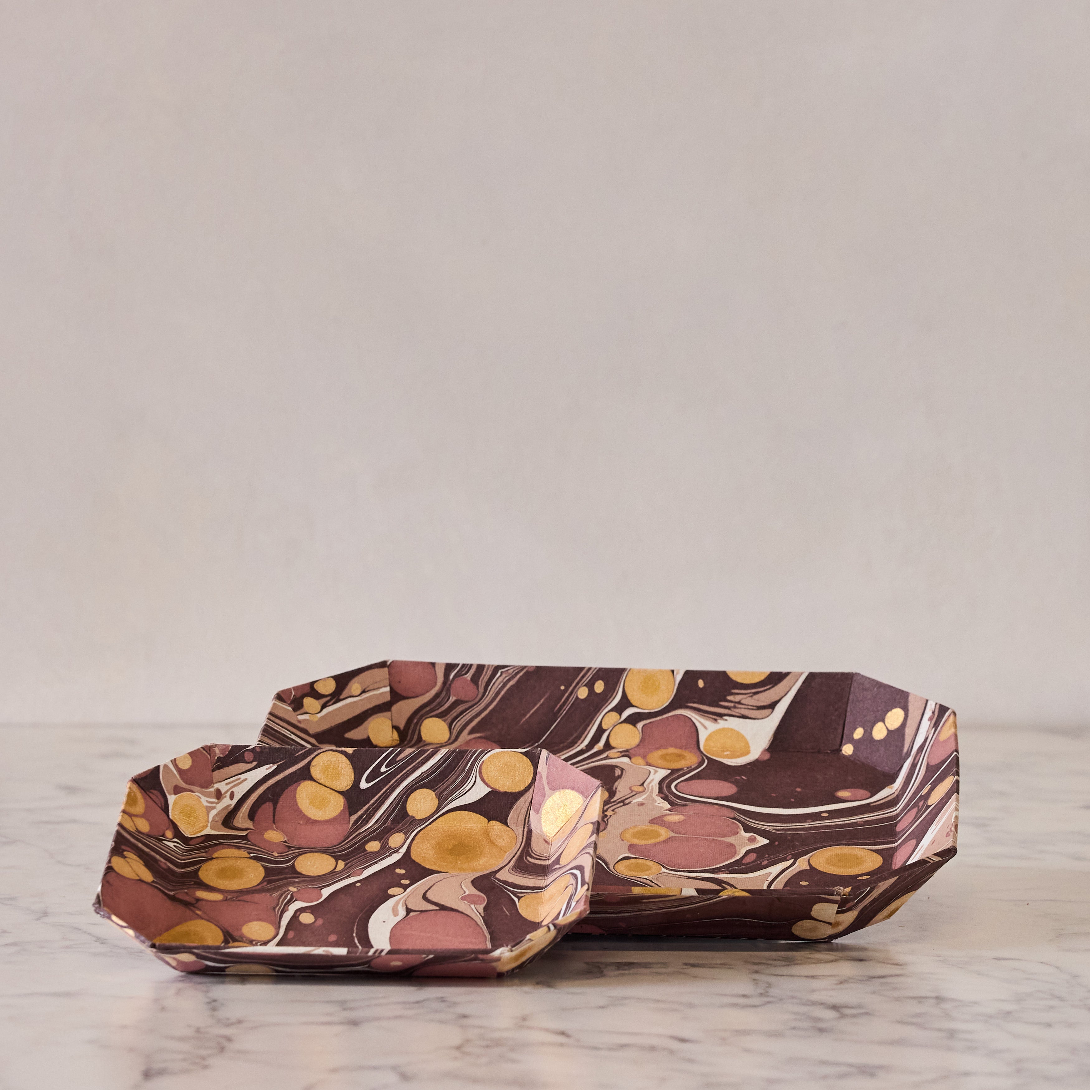 Marbled Octagonal Nesting Tray Set, Burgundy & Gold