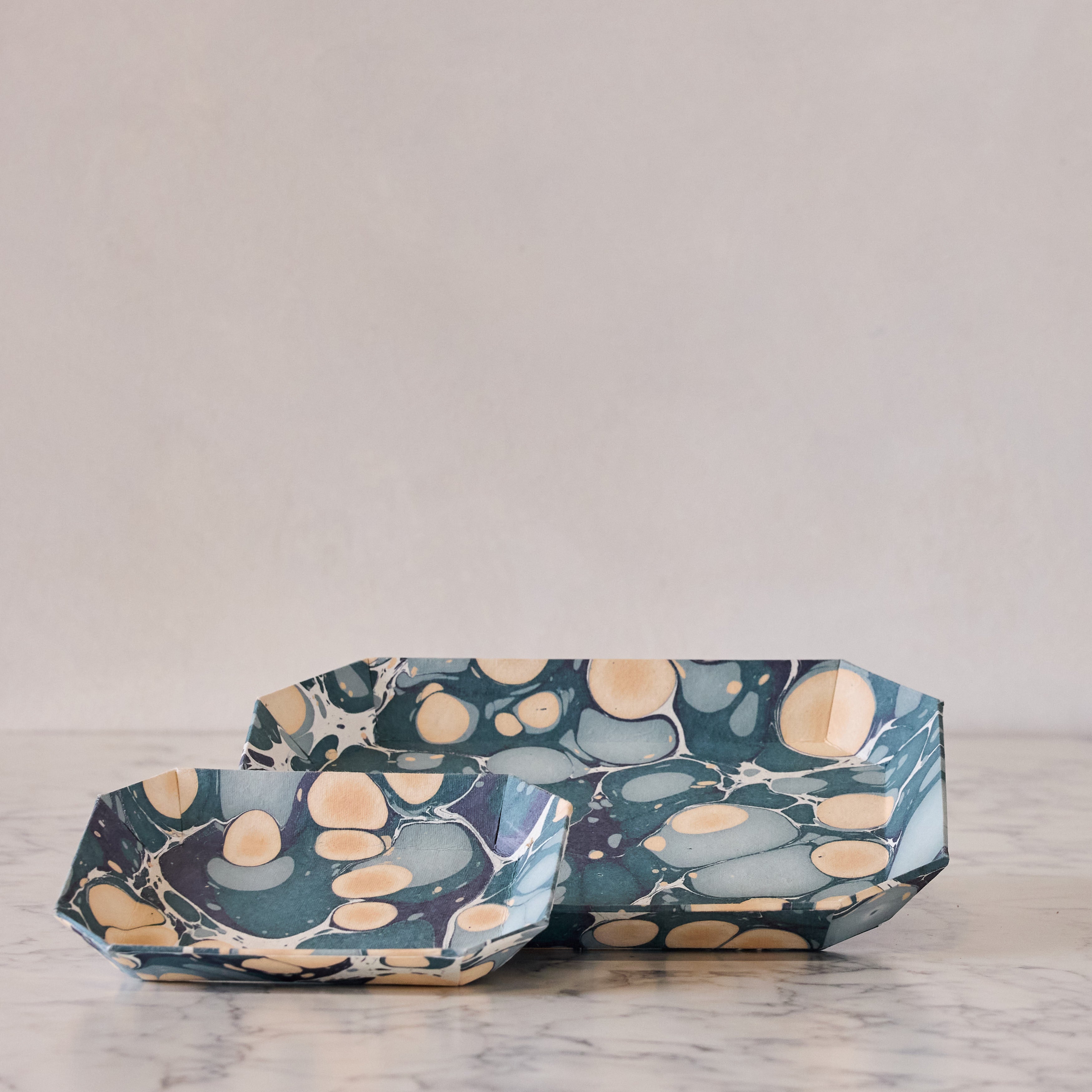 Marbled Octagonal Nesting Tray Set, Blue & Apricot
