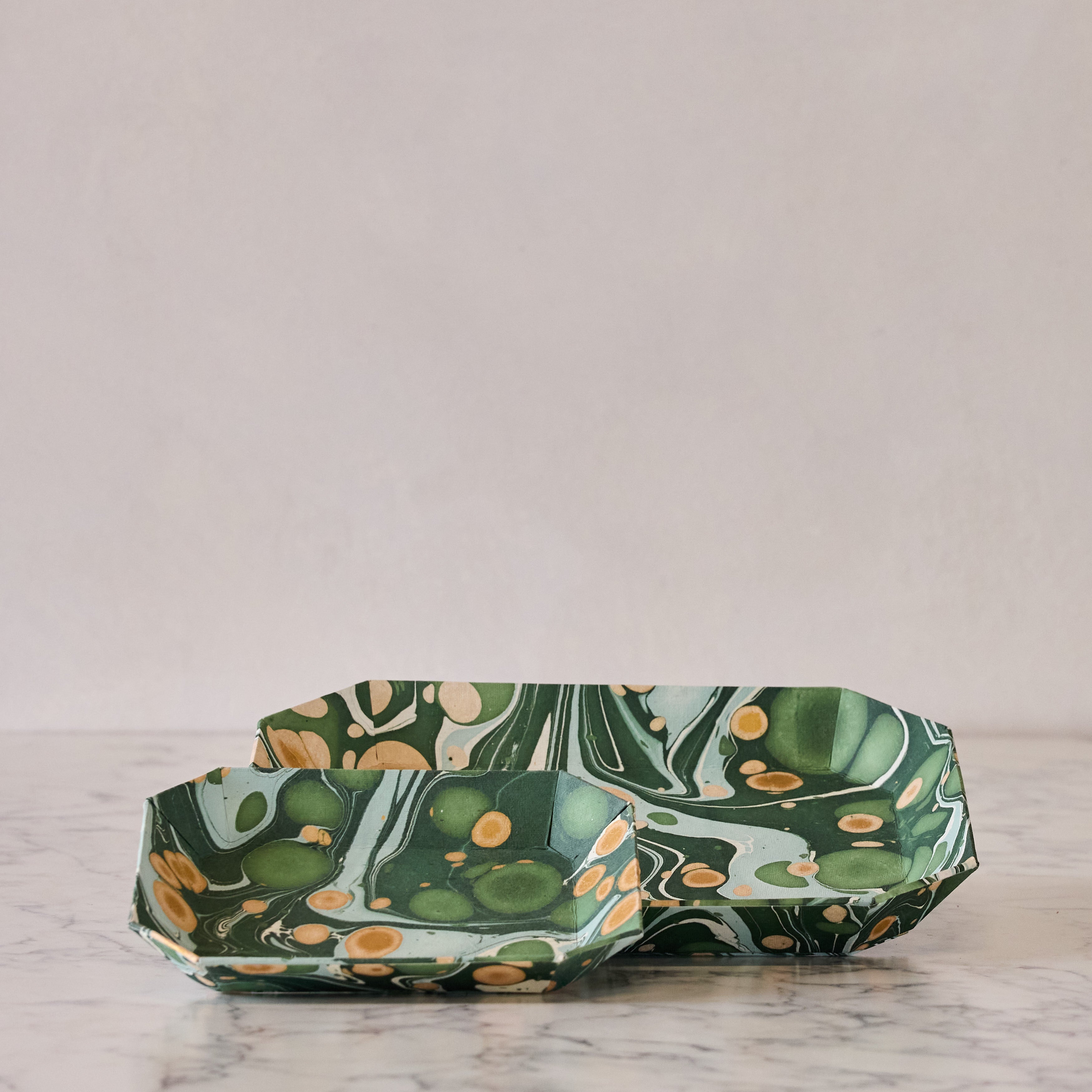 Marbled Octagonal Nesting Tray Set, Green & Yellow