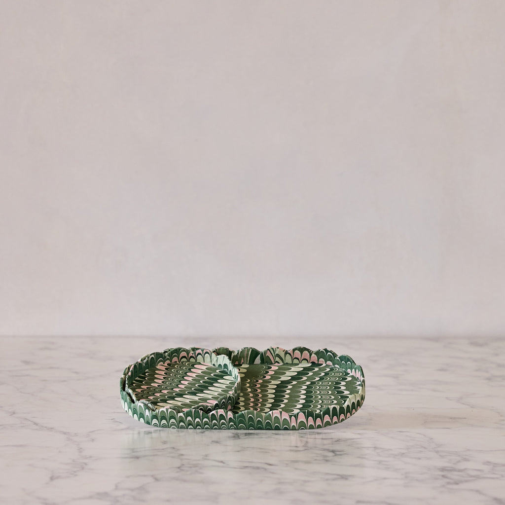 Marbled Oval Scalloped Tray Set, Green & Pink