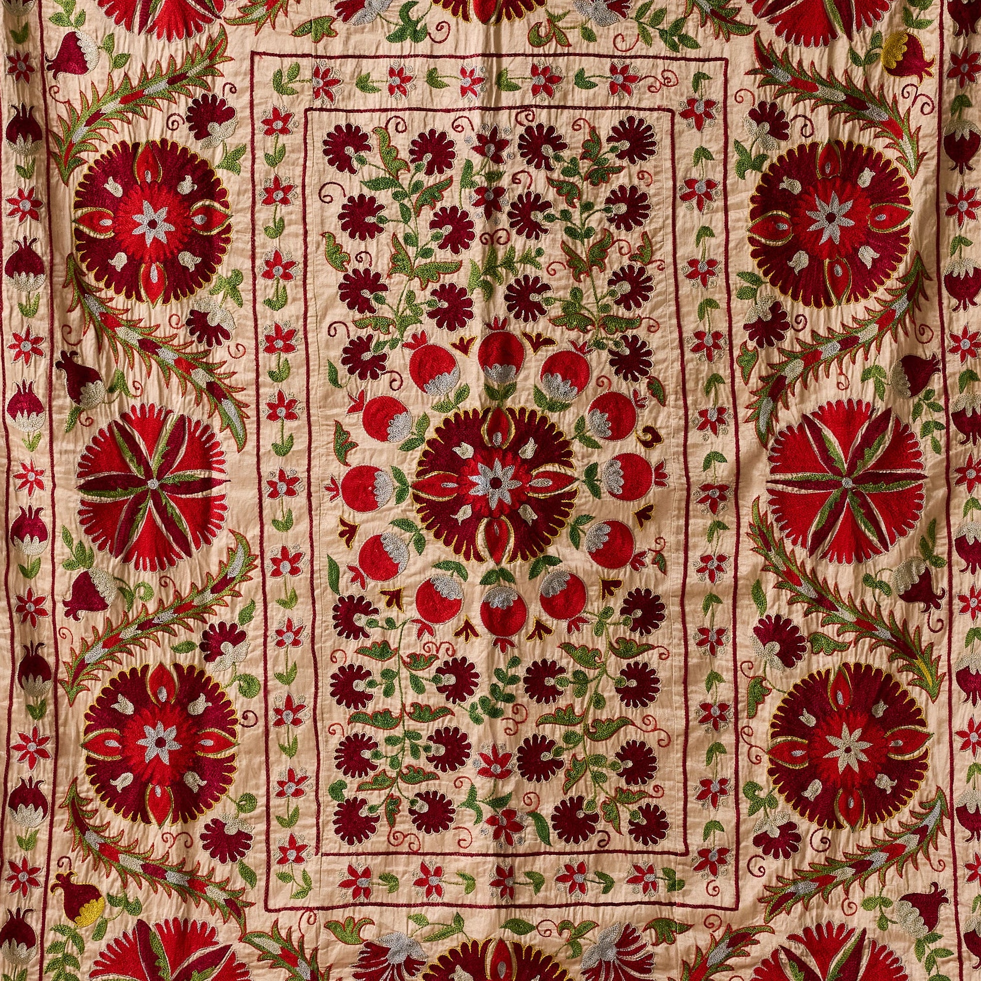 Vintage Uzbeki Suzani, Crimson & Moss