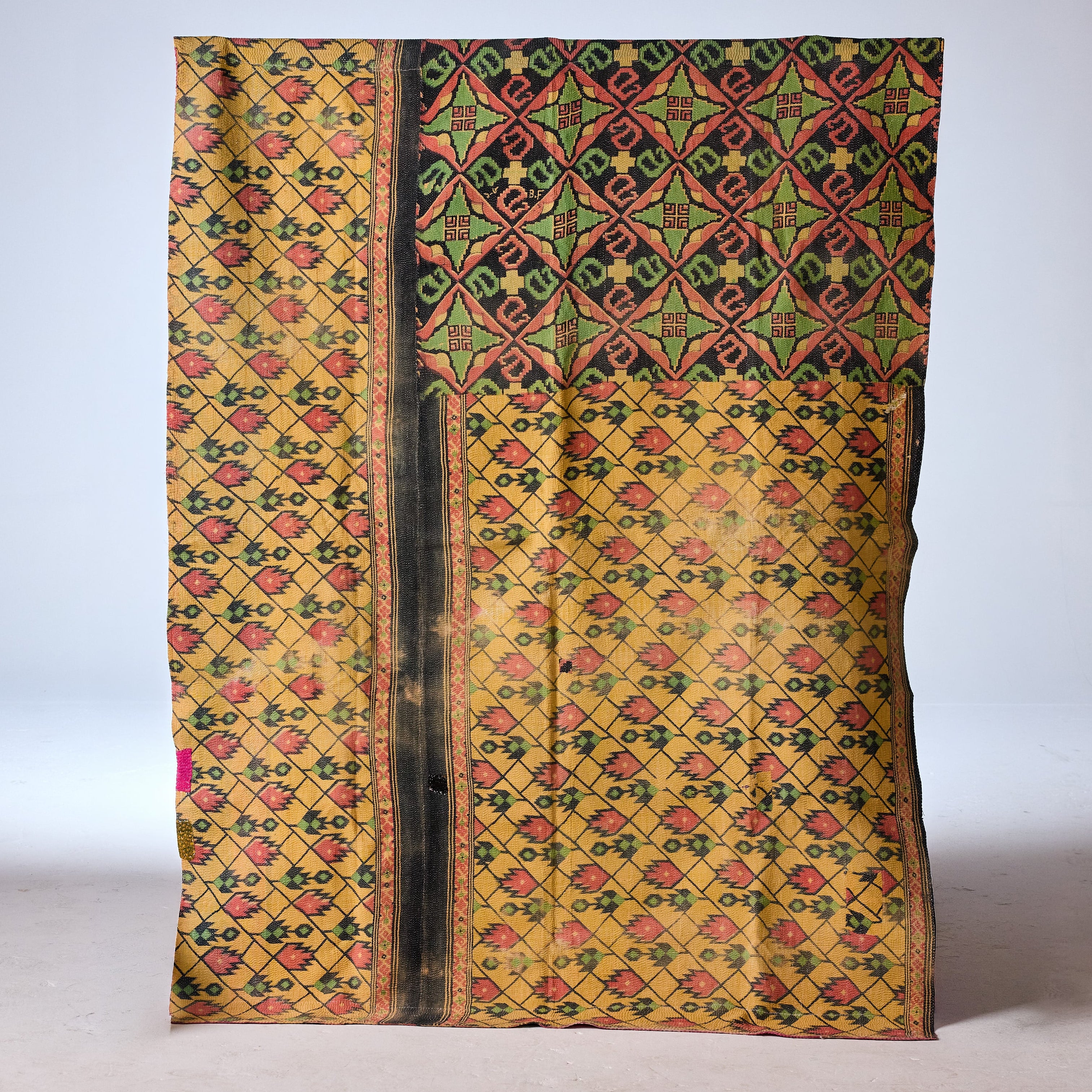 Vintage Indian Kantha Quilt, Yellow, Black with Rose