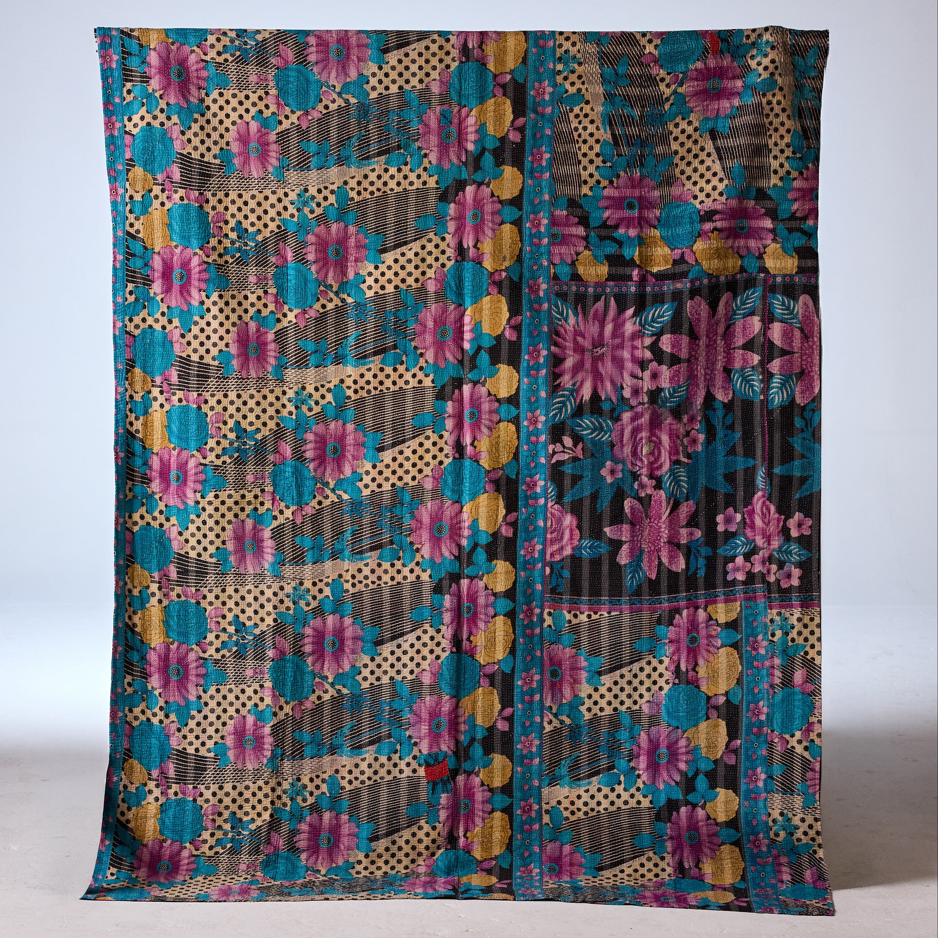 Vintage Indian Kantha Quilt, Black, Red, Green & Teal with Petal