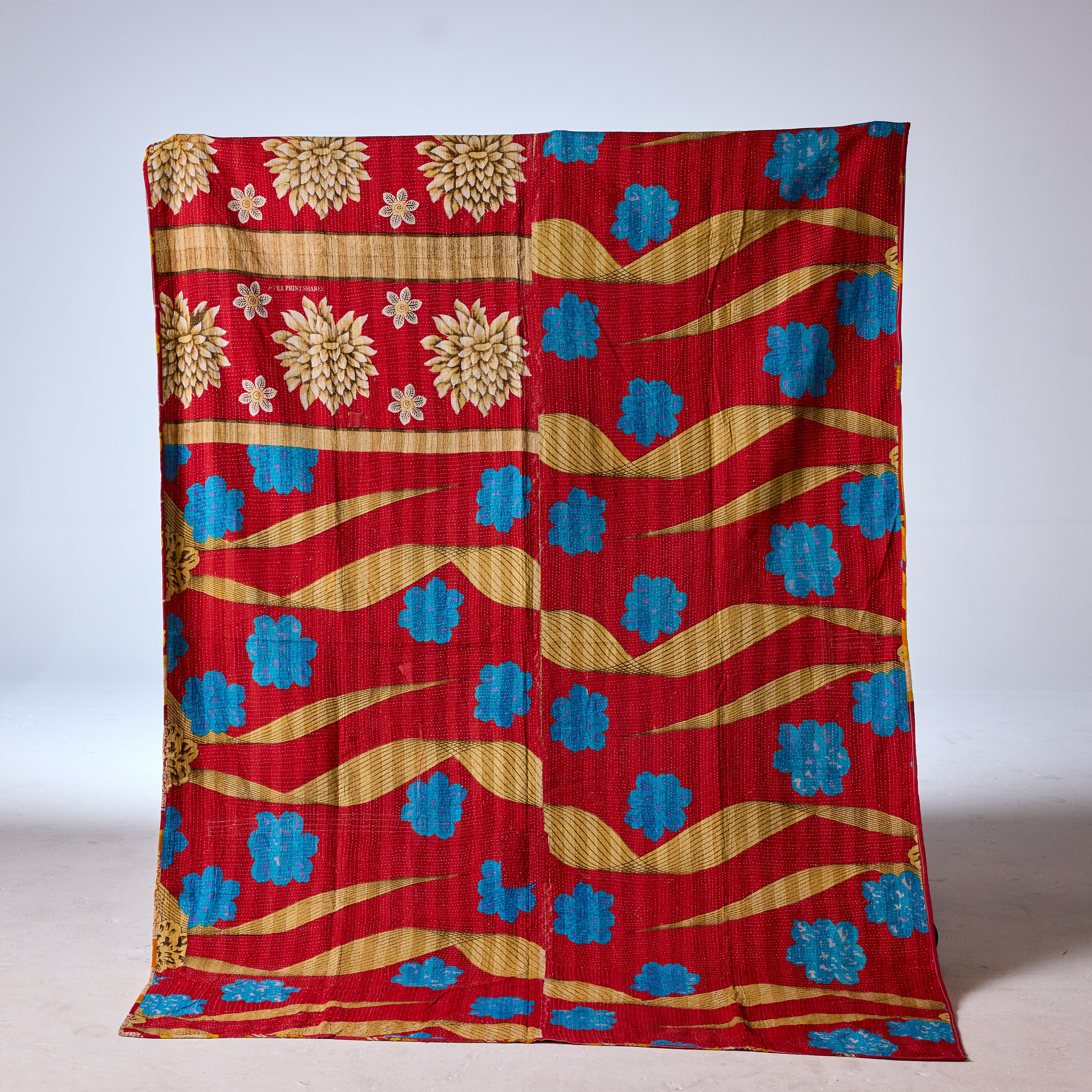Vintage Indian Kantha Quilt, Crimson & Turquoise