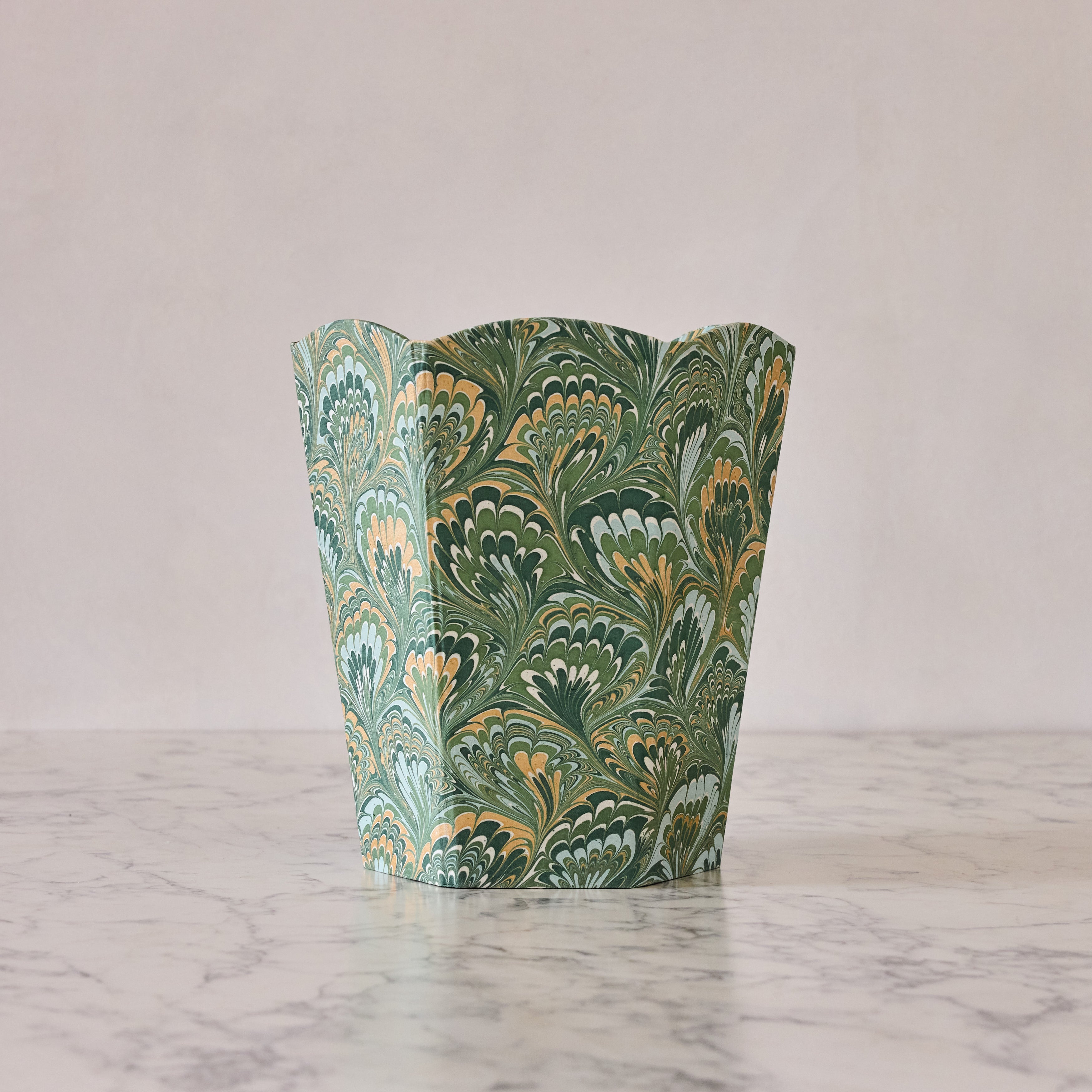 Marbled Scalloped Collapsible Waste Basket, Green Peacock