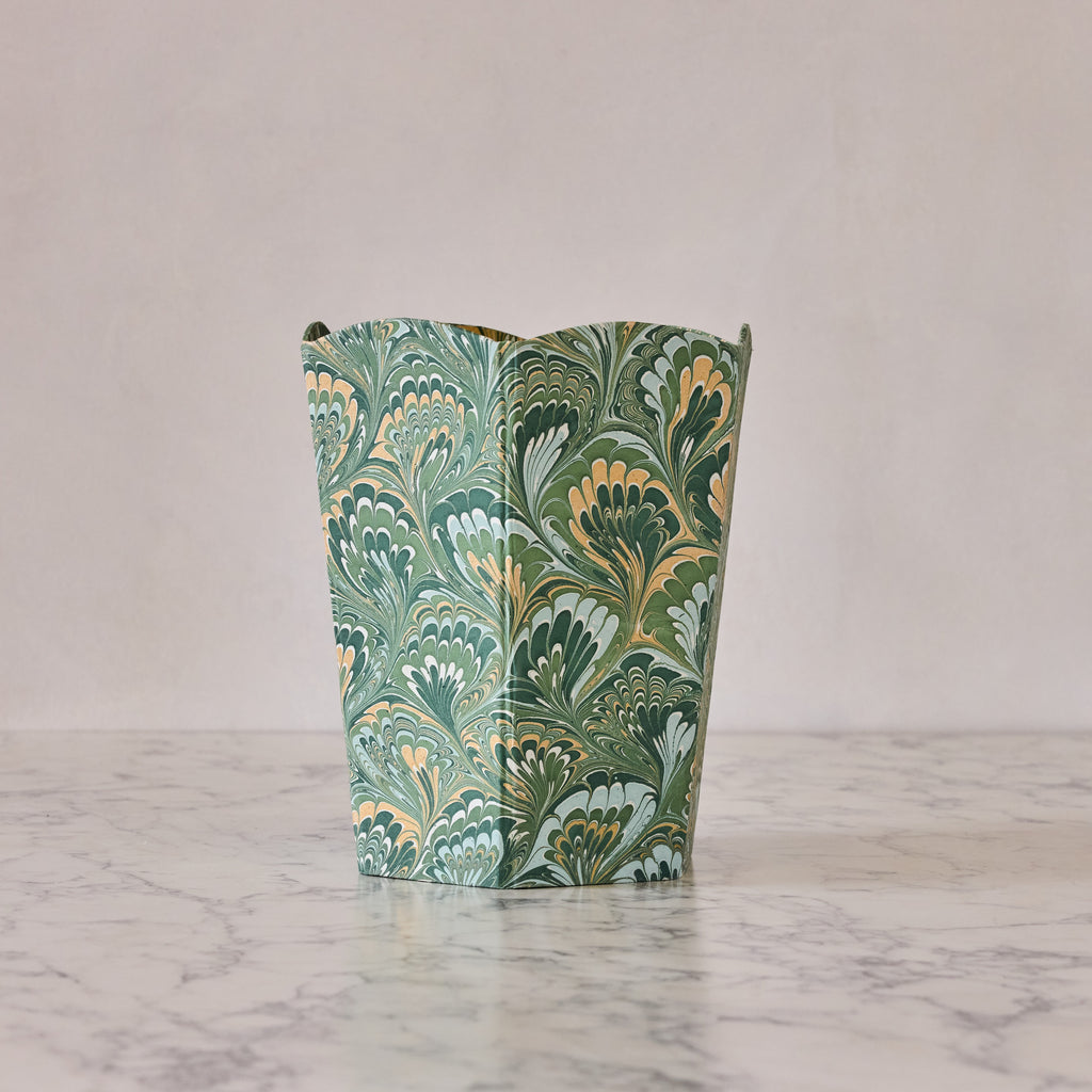 Marbled Scalloped Collapsible Waste Basket, Green Peacock