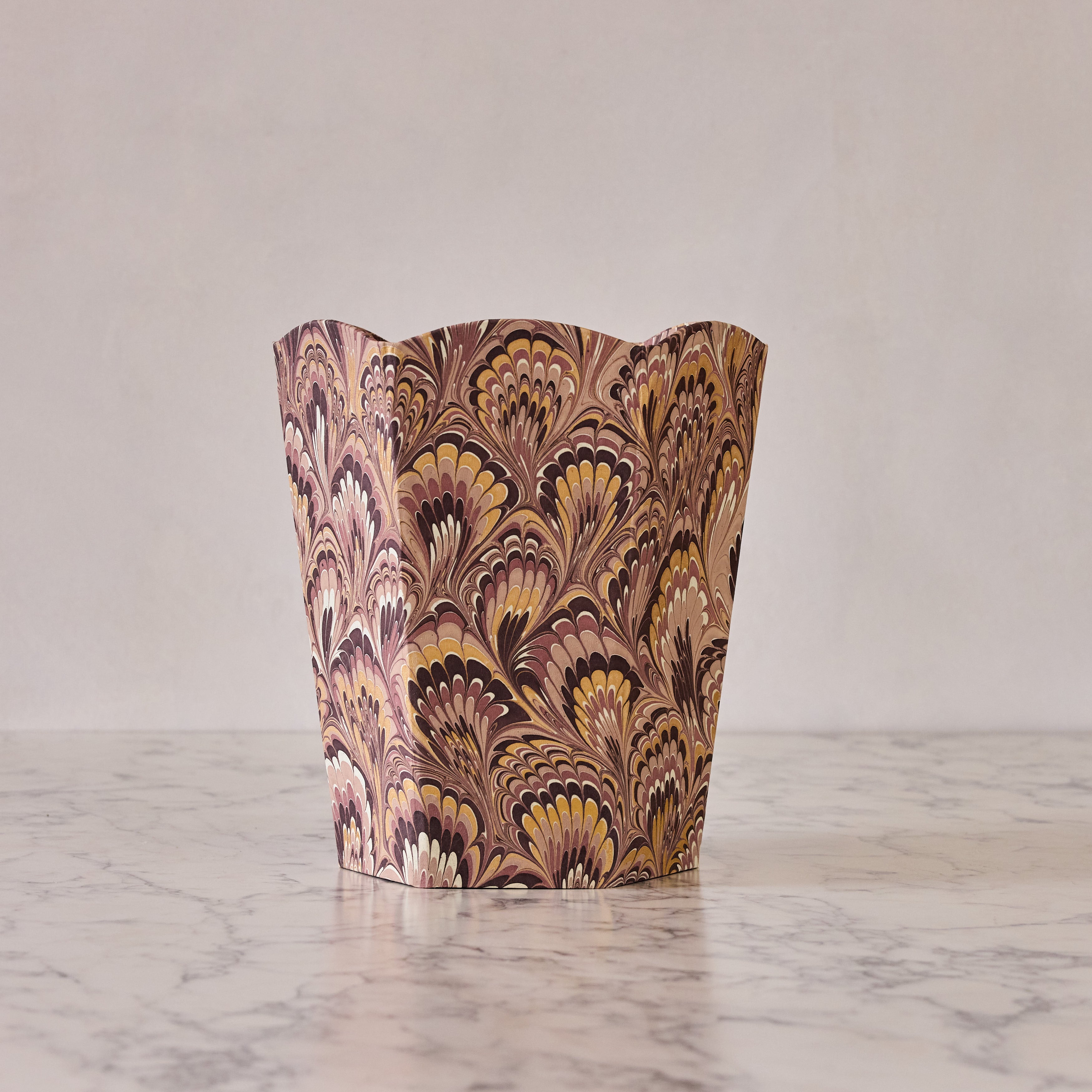 Marbled Scalloped Collapsible Waste Basket, Burgundy Peacock