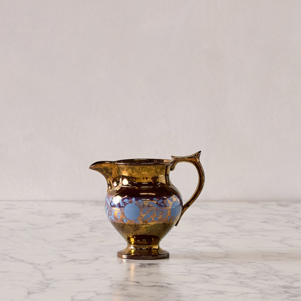 Antique English Lusterware Pitcher, Copper with Periwinkle Foliate Motif
