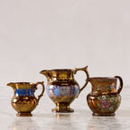 Antique English Lusterware Pitcher, Copper with Blue Trellis Motif