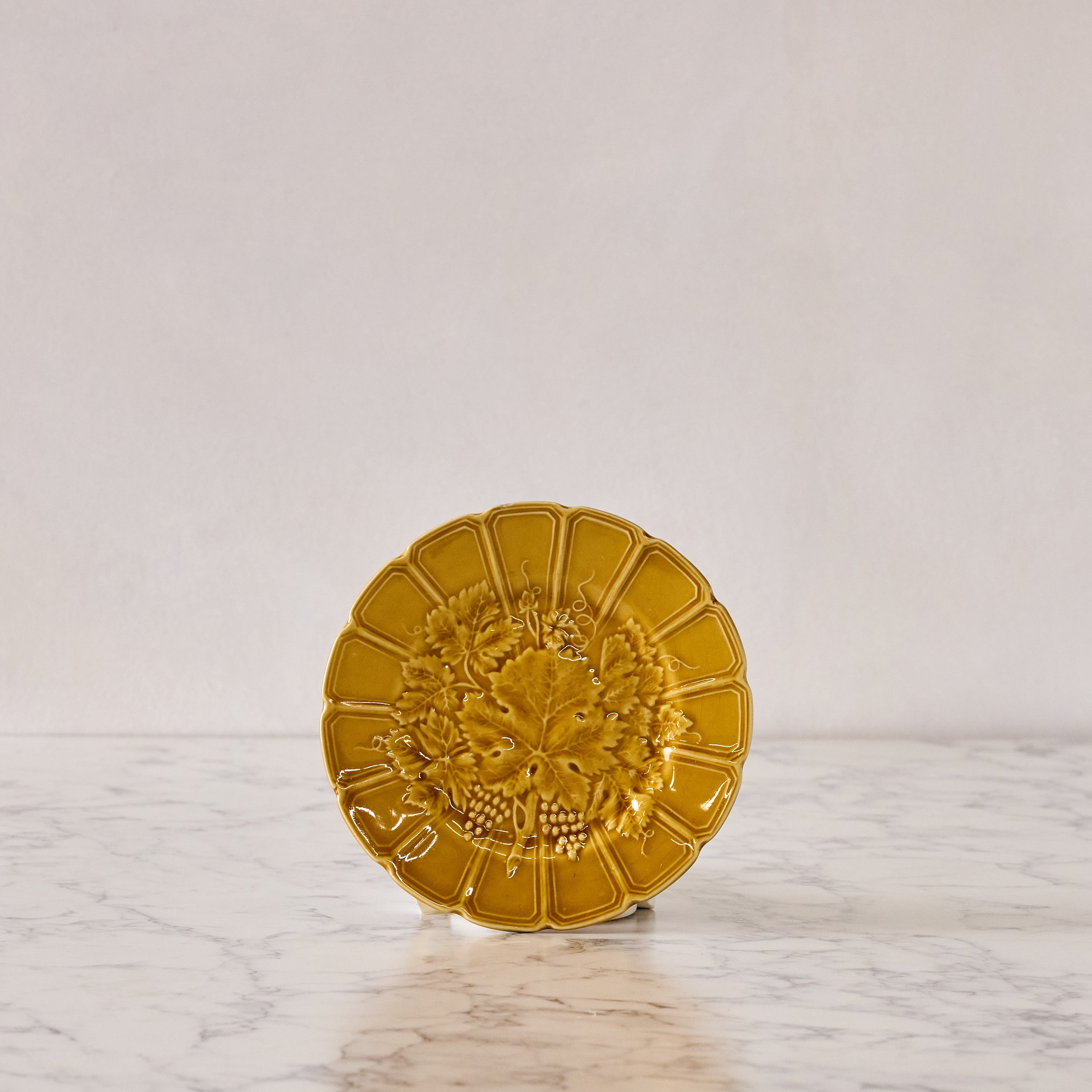 Vintage French Majolica Grape Leaf Dessert Plate in Mustard