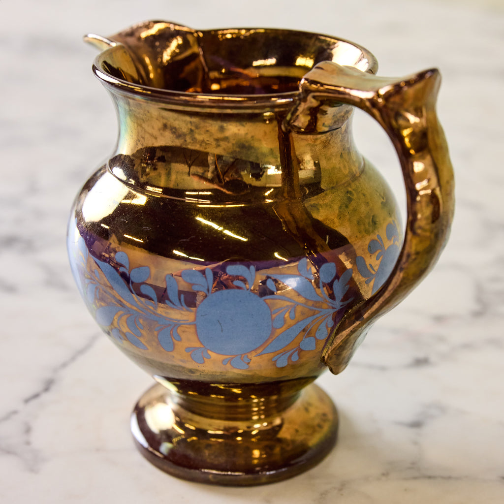 Antique English Lusterware Pitcher, Copper with Periwinkle Foliate Motif