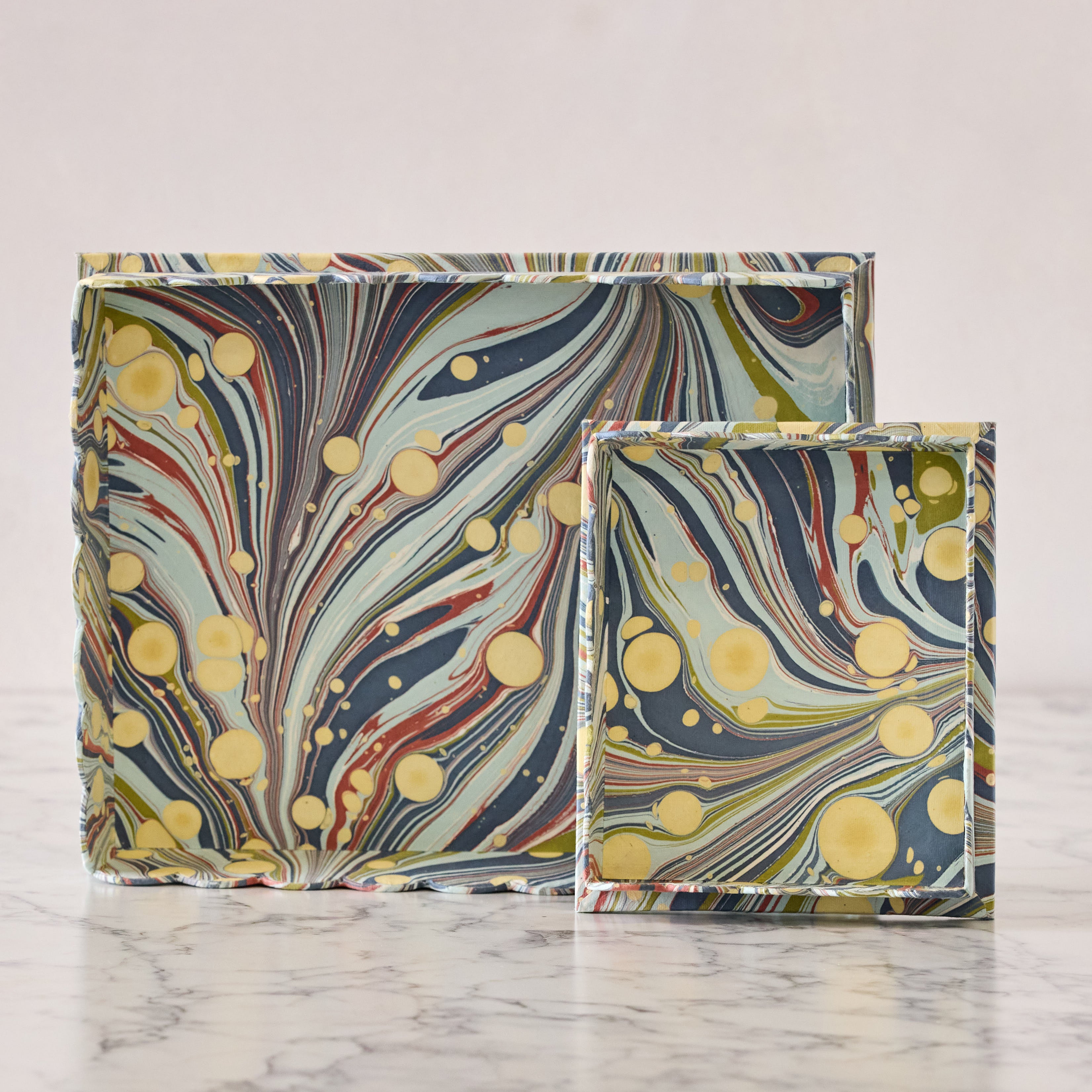 Marbled Scalloped Tray Set, Dusty Blue & Yellow