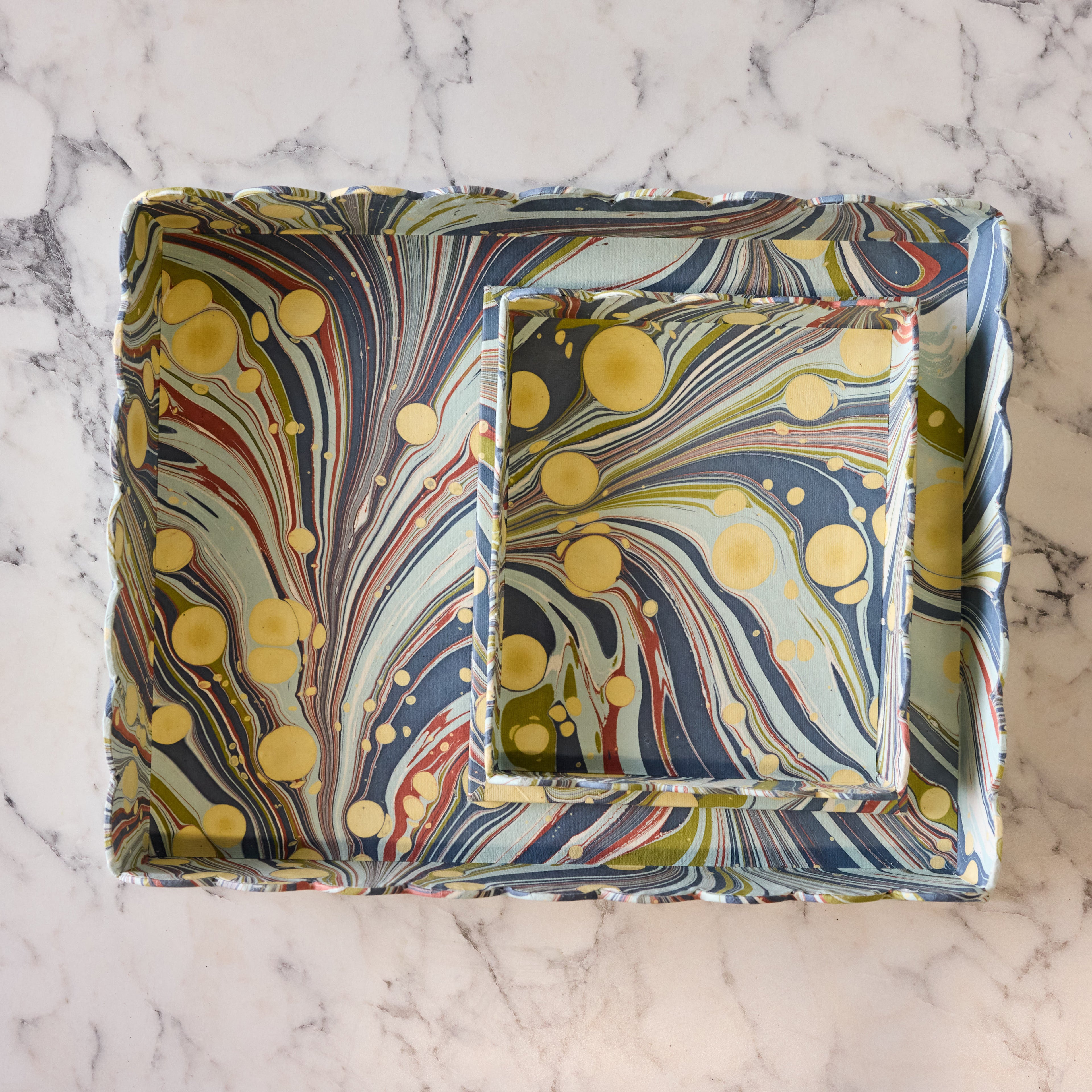 Marbled Scalloped Tray Set, Dusty Blue & Yellow