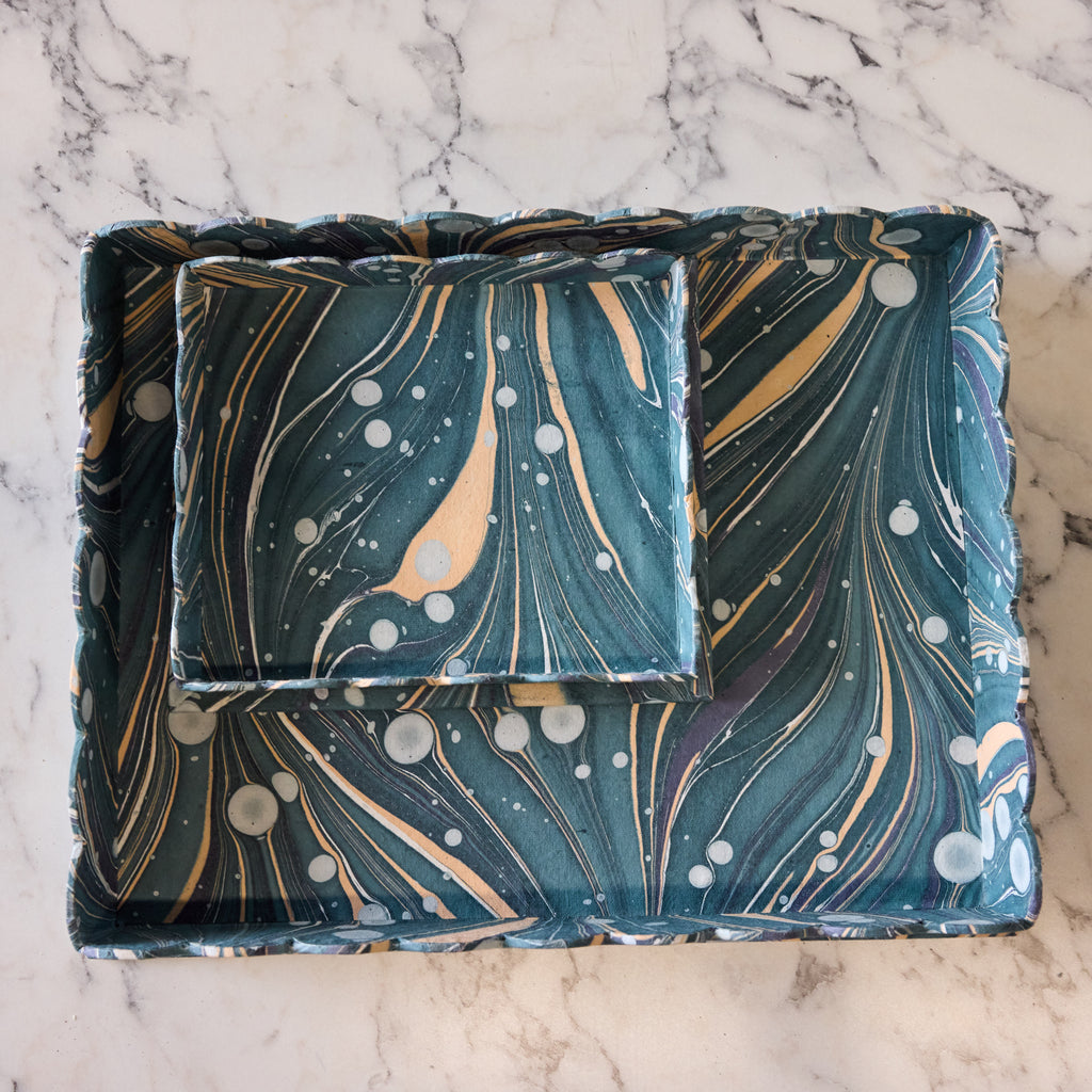Marbled Scalloped Tray Set, Blue Fire