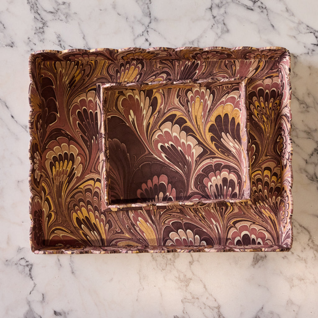 Marbled Scalloped Tray Set, Burgundy & Gold