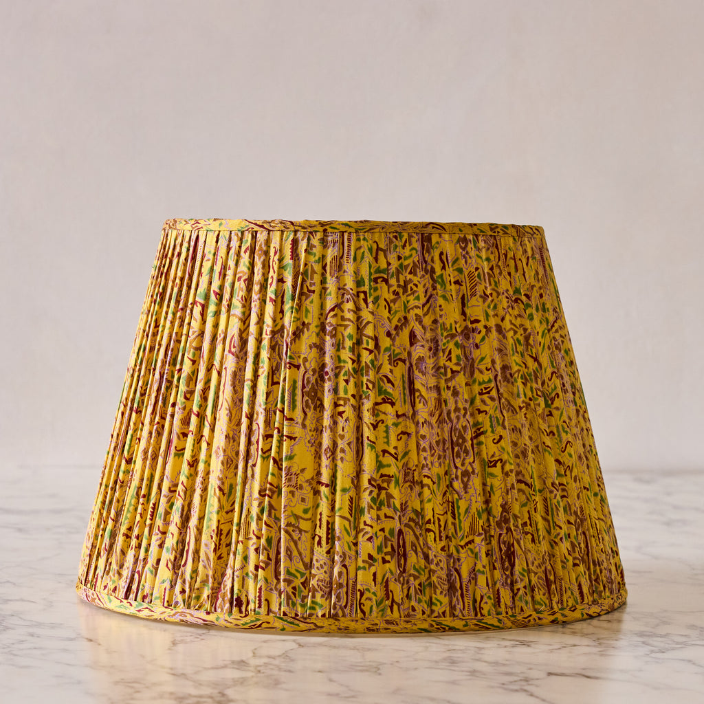 16" Lamp Shade in Hand-Blocked Silk, Ochre with Vines