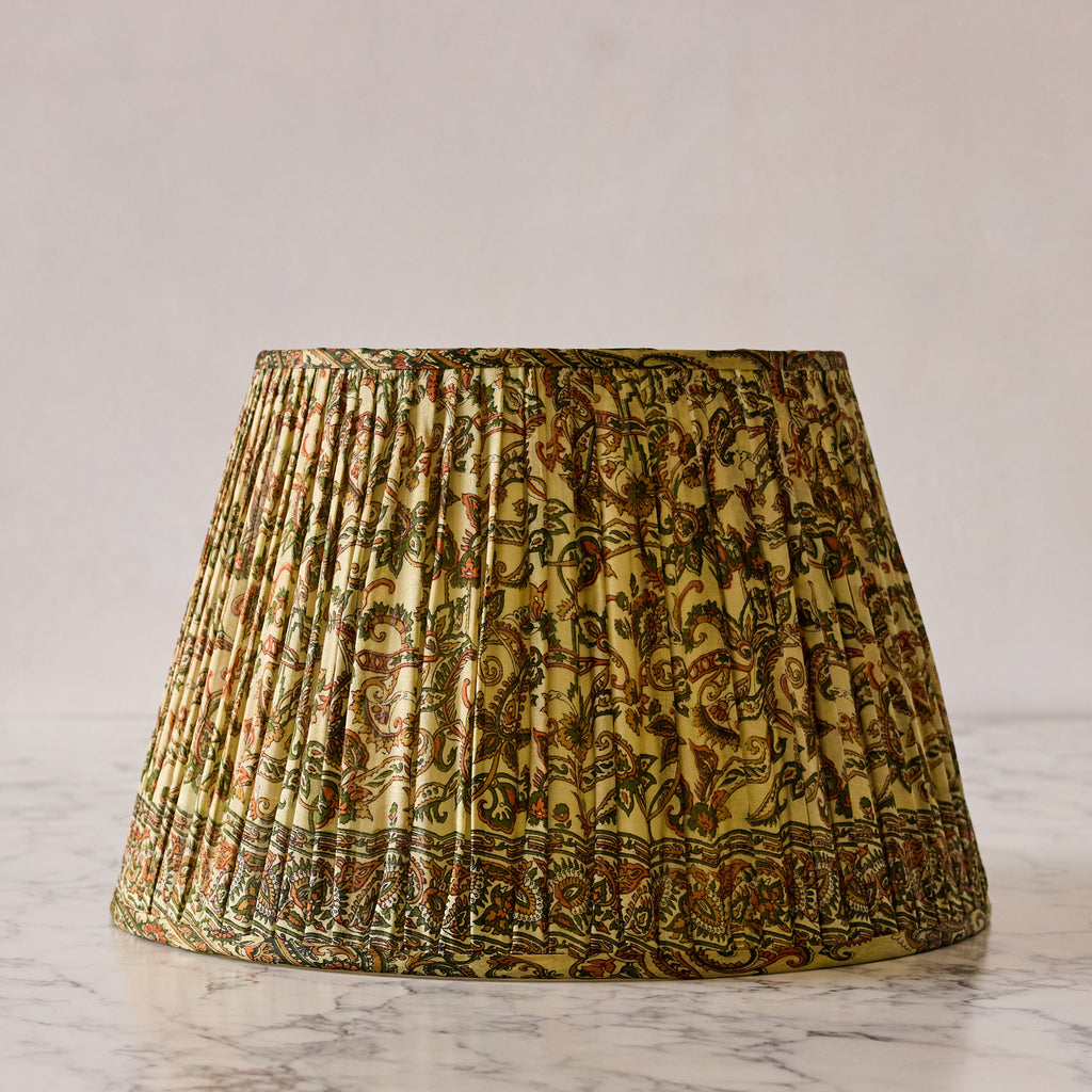 16" Lamp Shade in Hand-Blocked Silk, Green & Cream