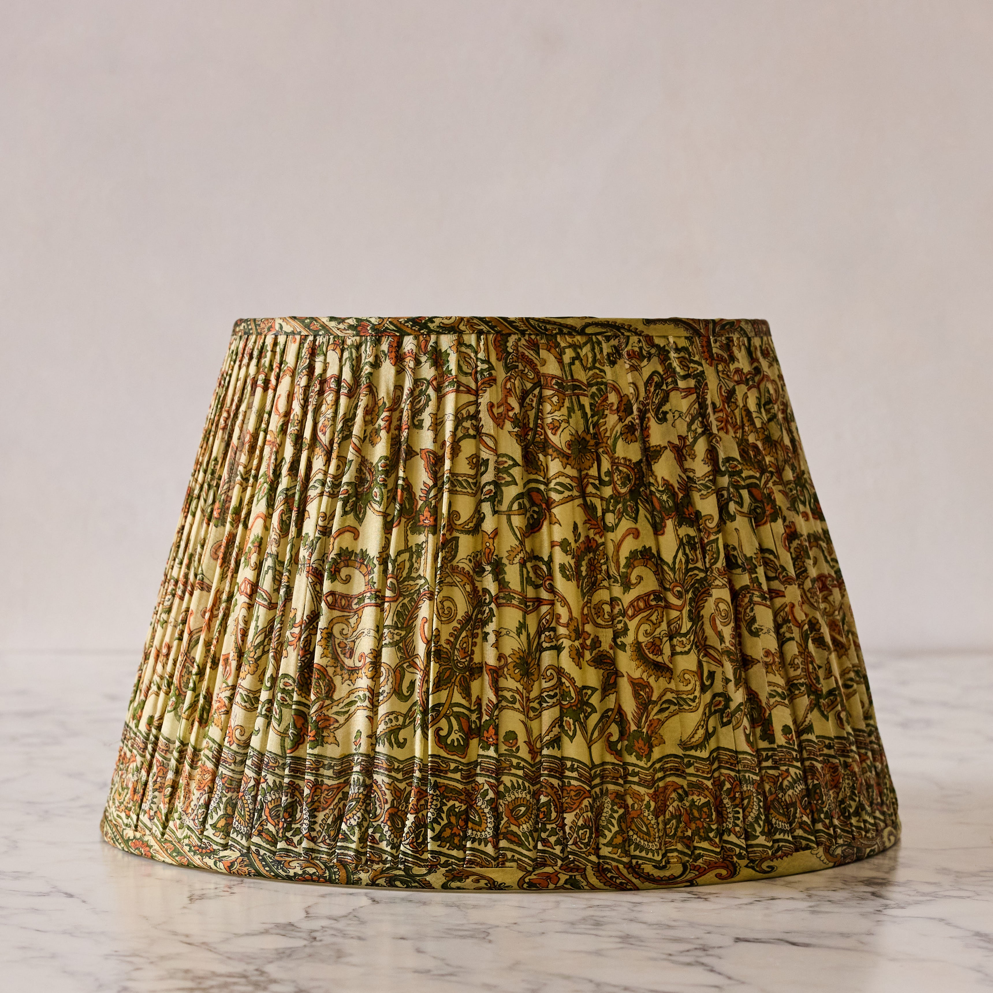 16" Lamp Shade in Hand-Blocked Silk, Green & Cream