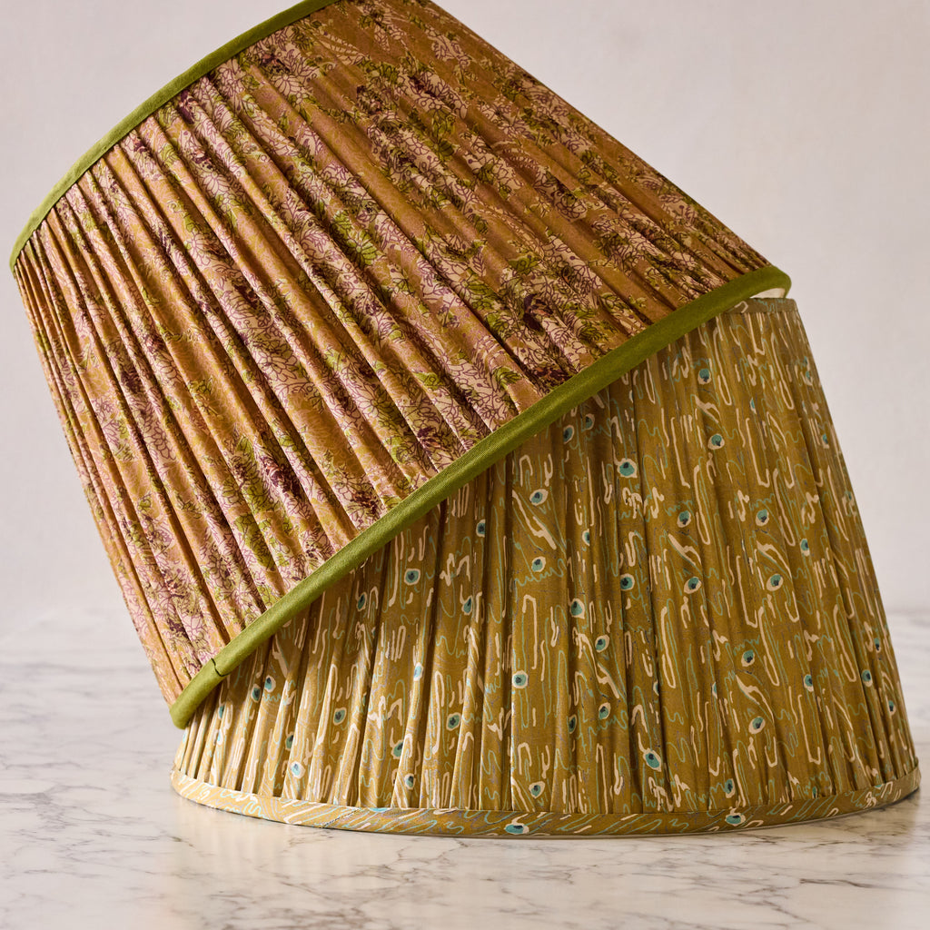 16" Lamp Shade in Hand-Blocked Silk, Khaki & Peacock