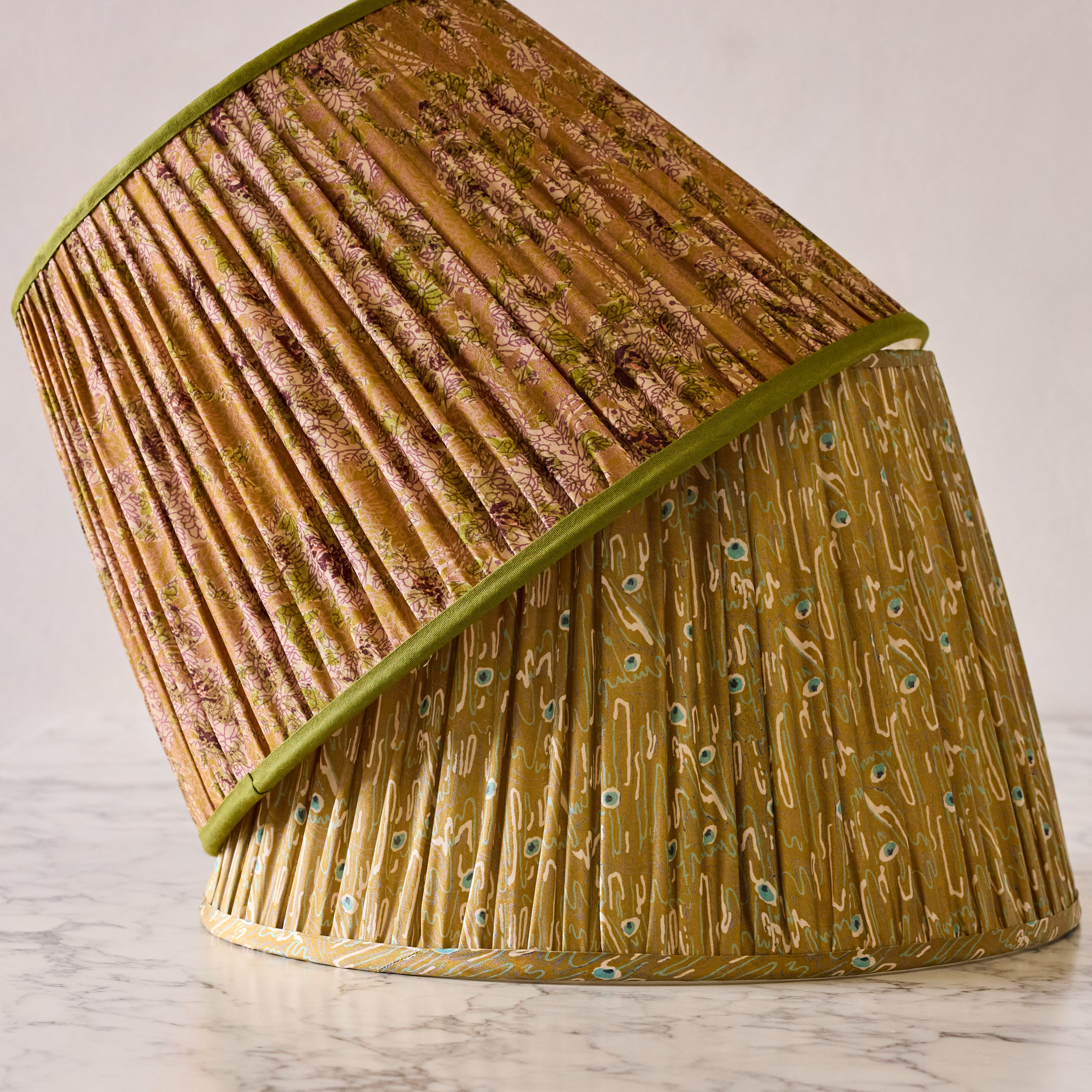 16" Lamp Shade in Hand-Blocked Silk, Khaki & Peacock