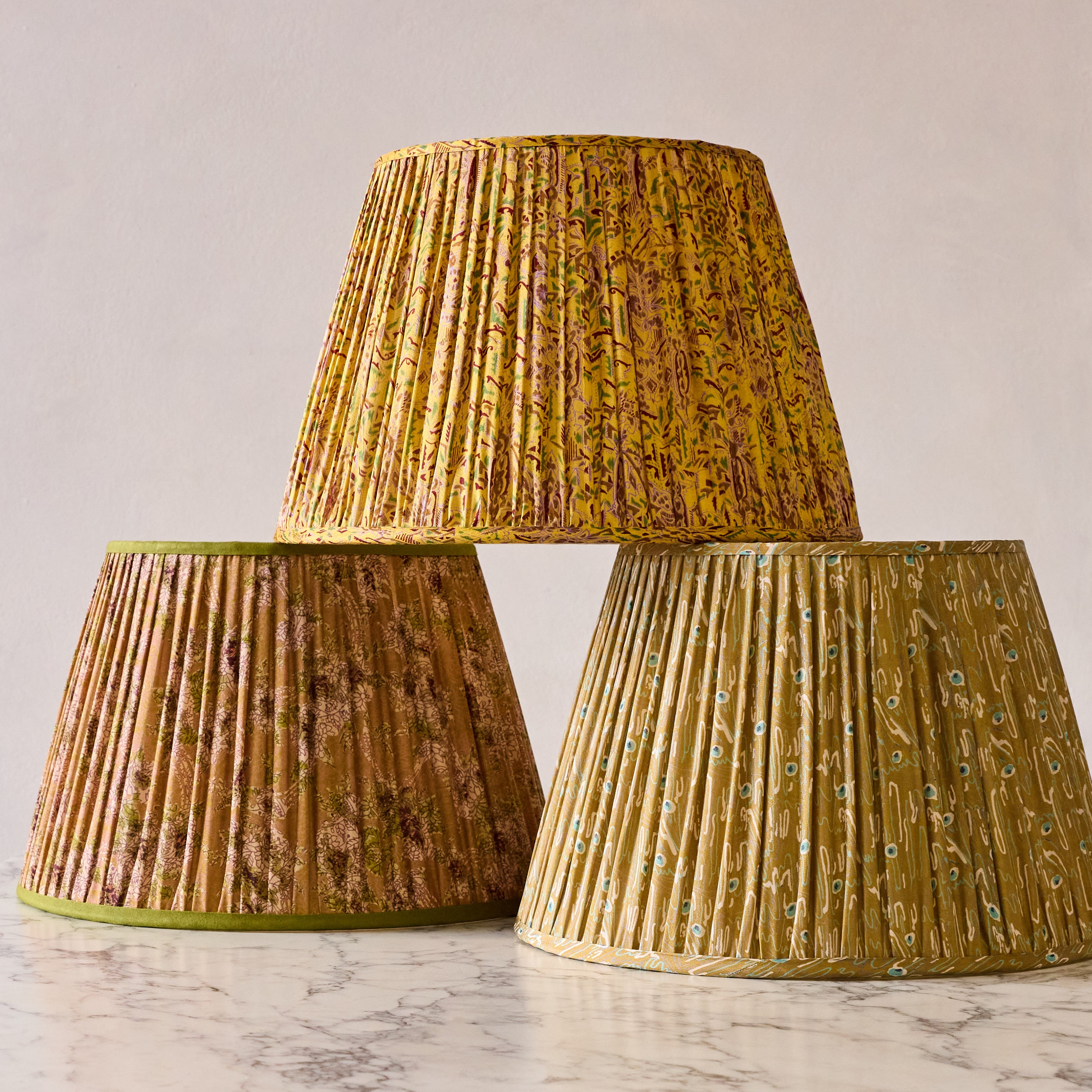 16" Lamp Shade in Hand-Blocked Silk, Ochre with Vines