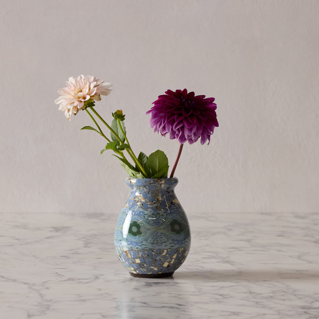 Jean Gerbino Large Mosaic Vase, Blue & Sea Green Flower