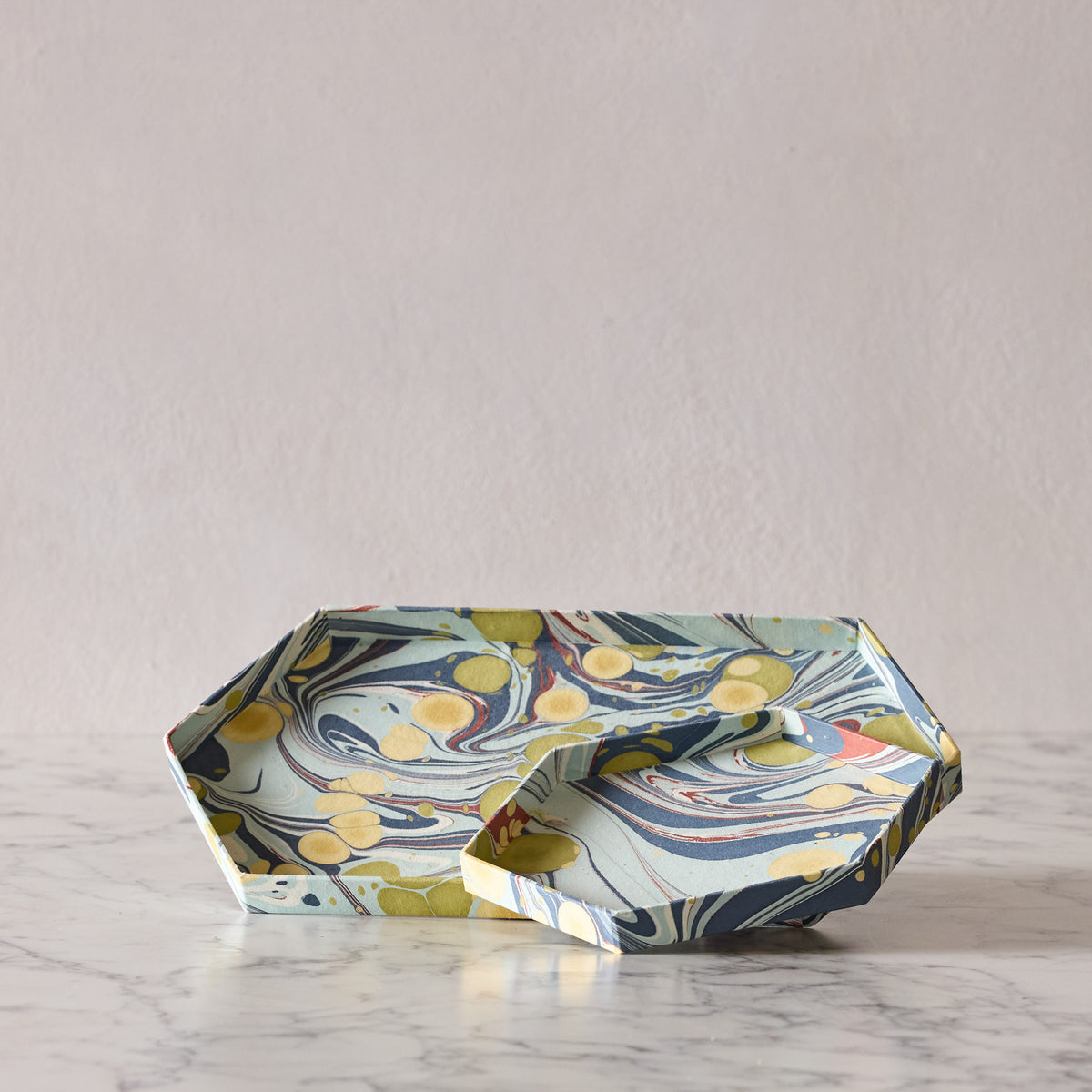 Marbled Hexagonal Nesting Tray Set, Dusty Blue & Green