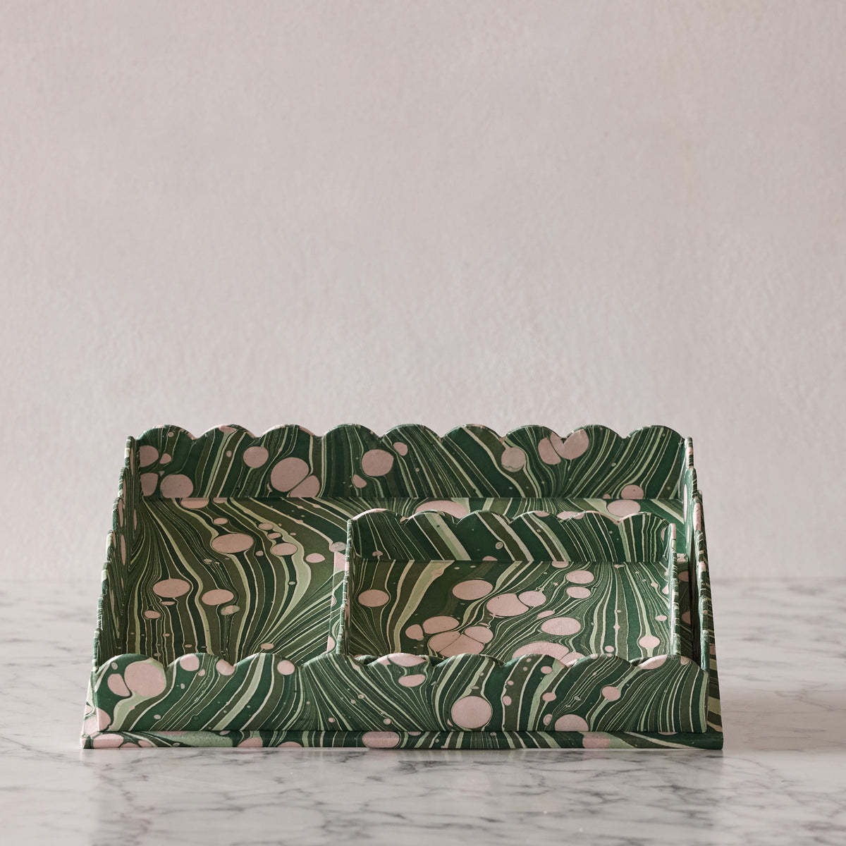 Marbled Scalloped Tray Set, Bubble Green & Pink