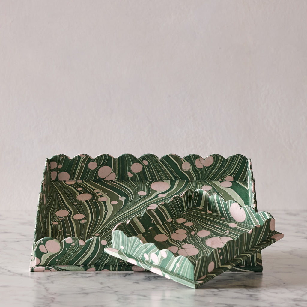 Marbled Scalloped Tray Set, Bubble Green & Pink
