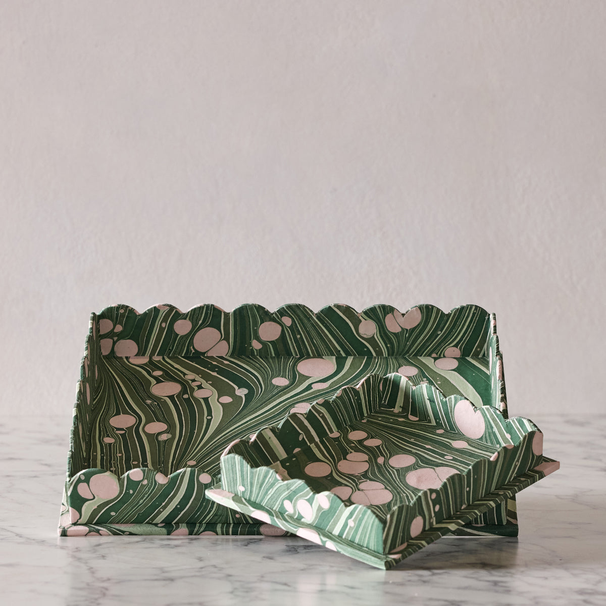 Marbled Scalloped Tray Set, Bubble Green & Pink