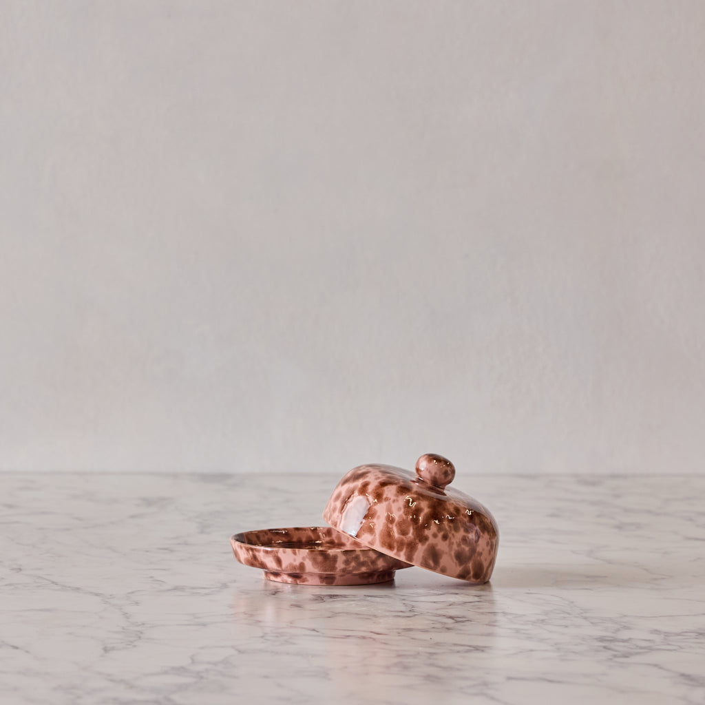 Splatterware Butter Dish, Brown & Rose