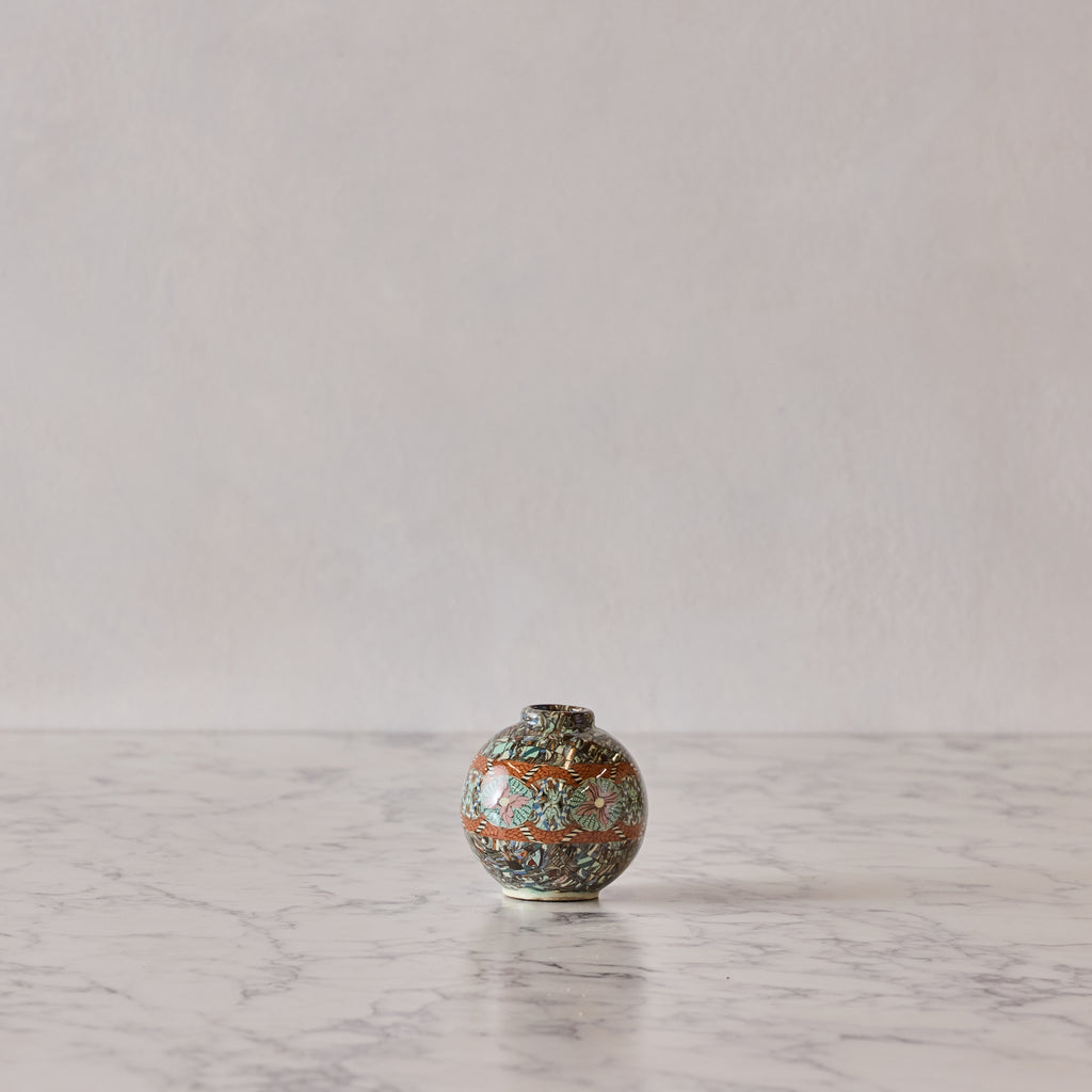Jean Gerbino Round Mosaic Vase, Green Flower