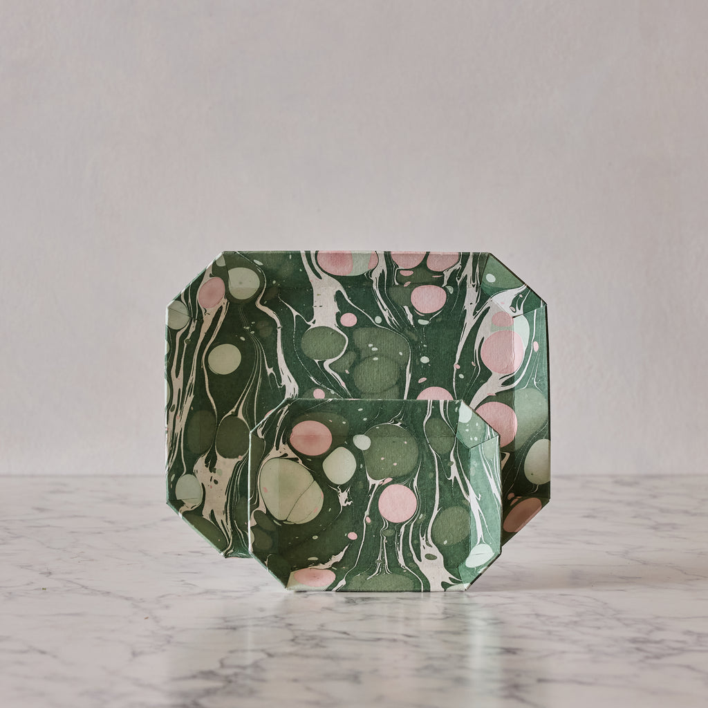 Marbled Octagonal Nesting Tray Set, Green & Pink