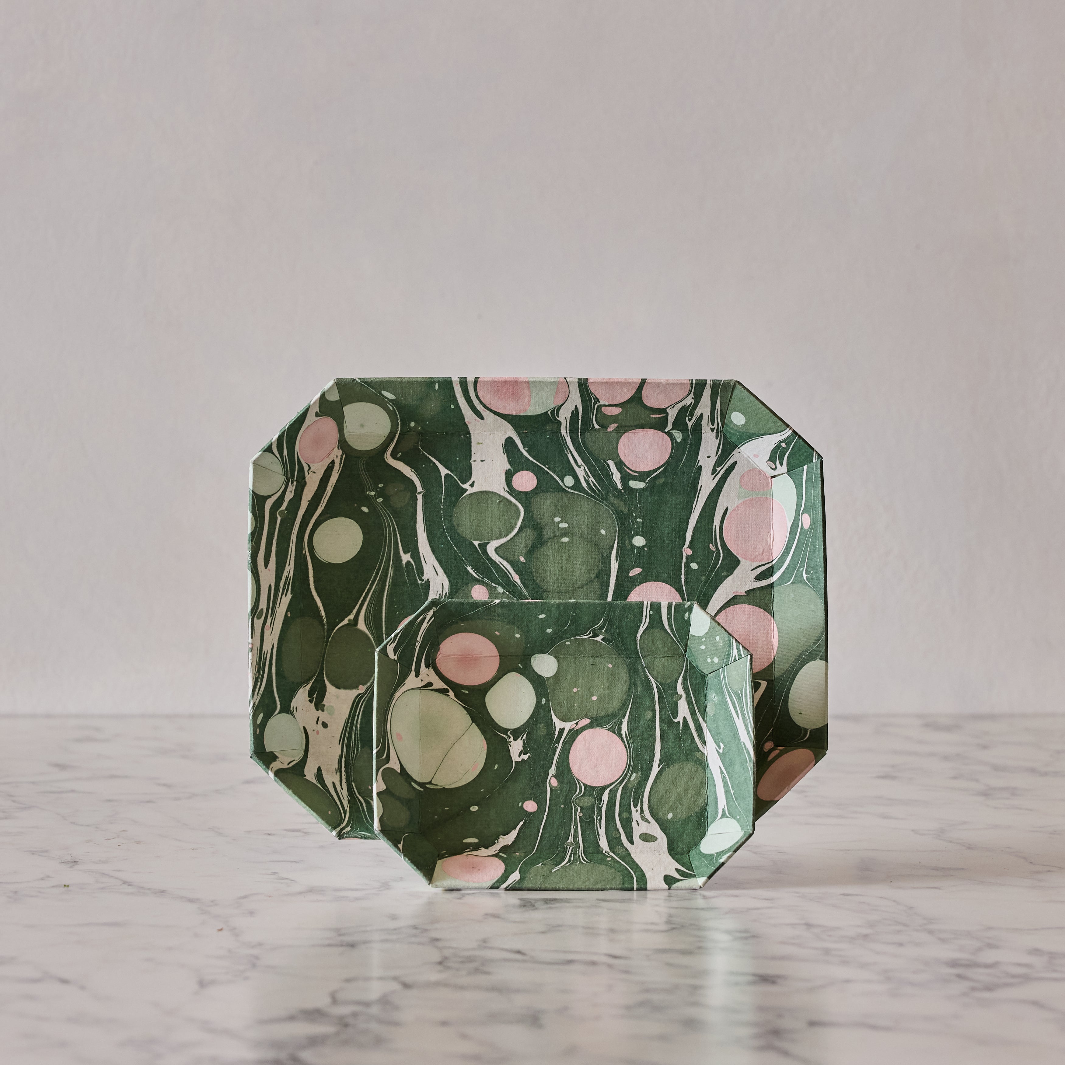 Marbled Octagonal Nesting Tray Set, Green & Pink