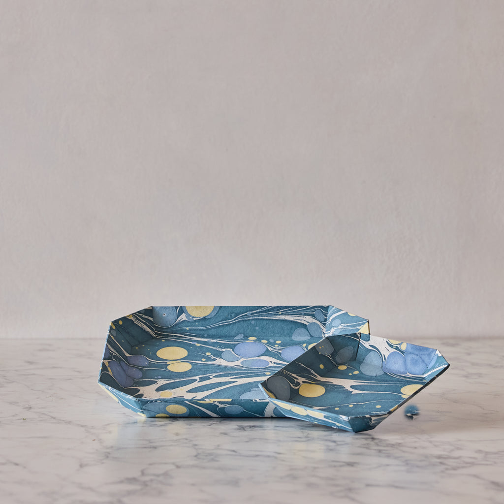 Marbled Octagonal Nesting Tray Set, Blue & Lemon